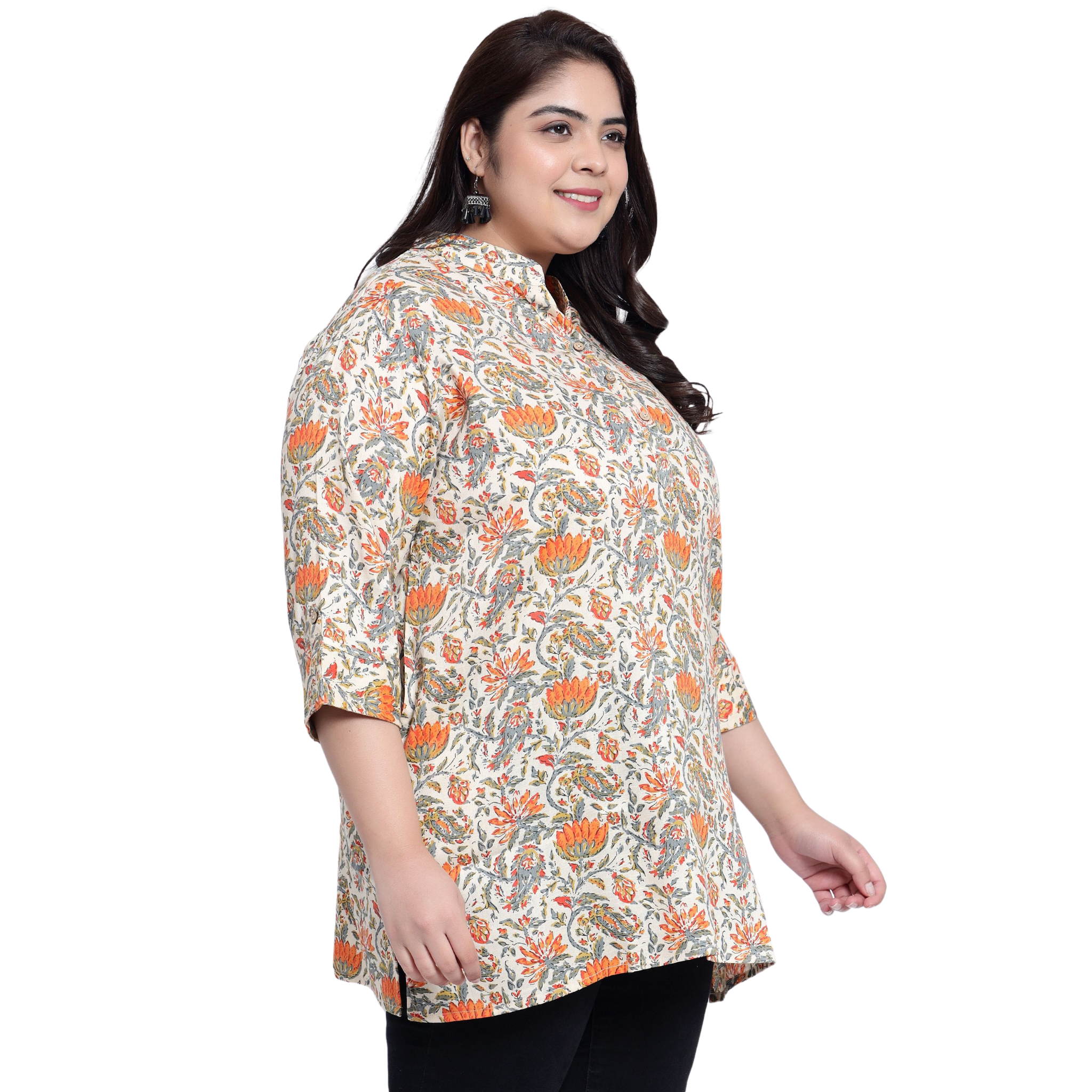 Orange and Beige Floral Print Plus Size Tunic