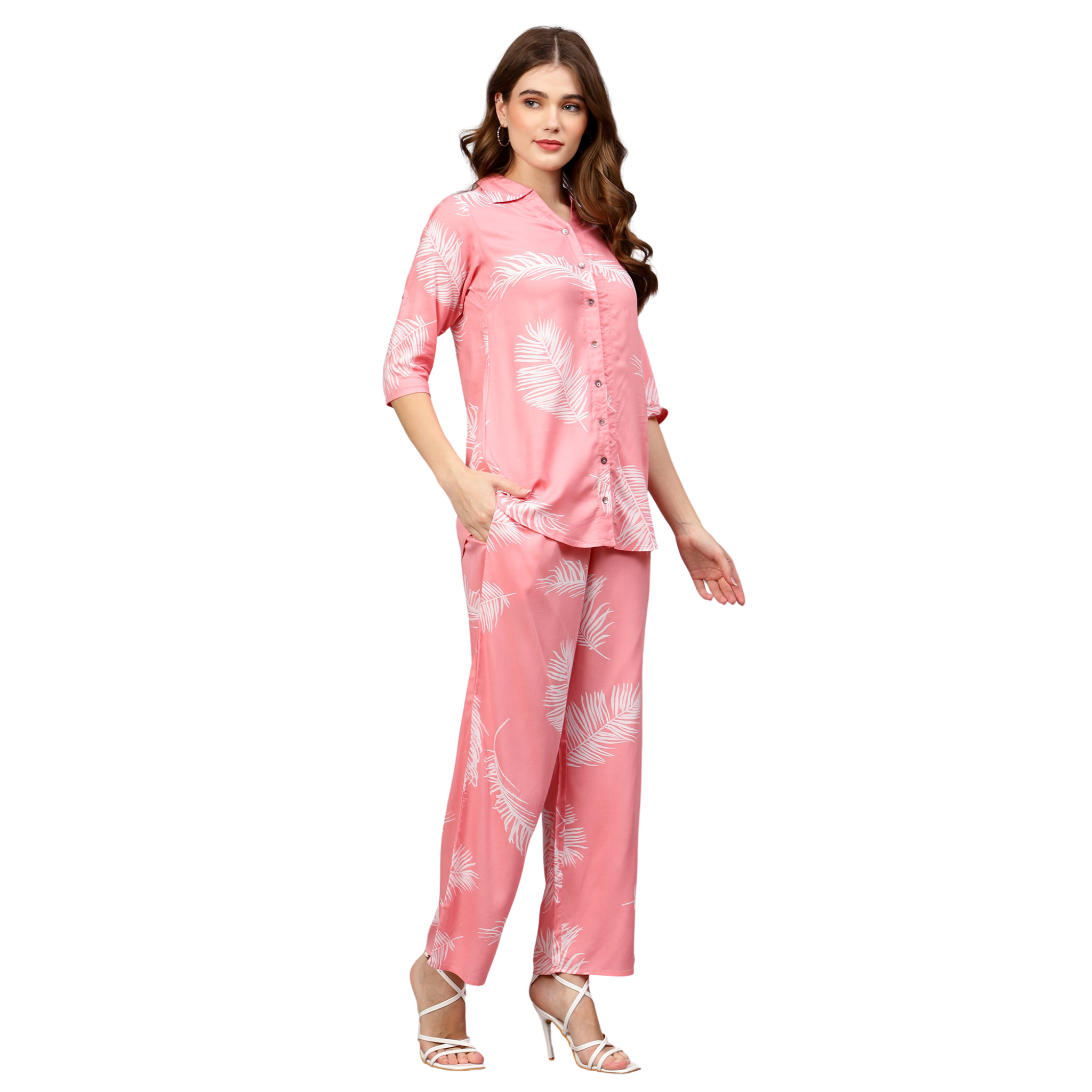 Pink Leaf Print Co-Ord Set