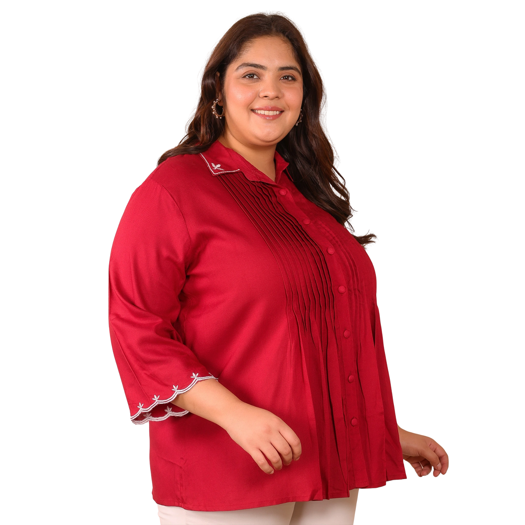 Red Rayon Collar Embroidered Tunic