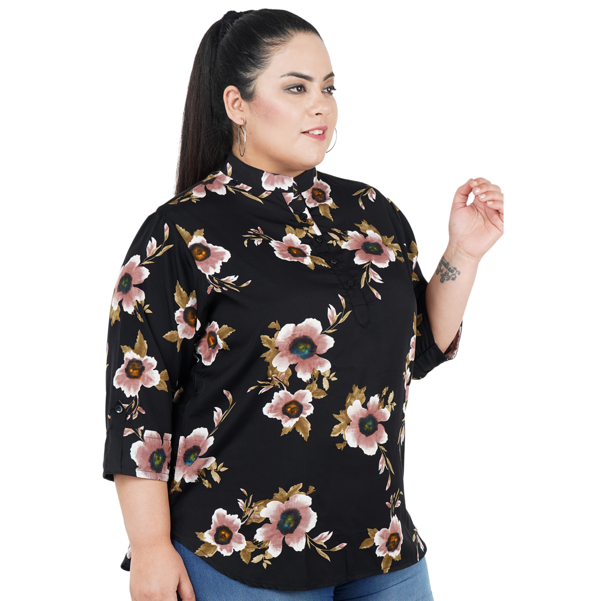 Black Floral Print Plus Size Tunic