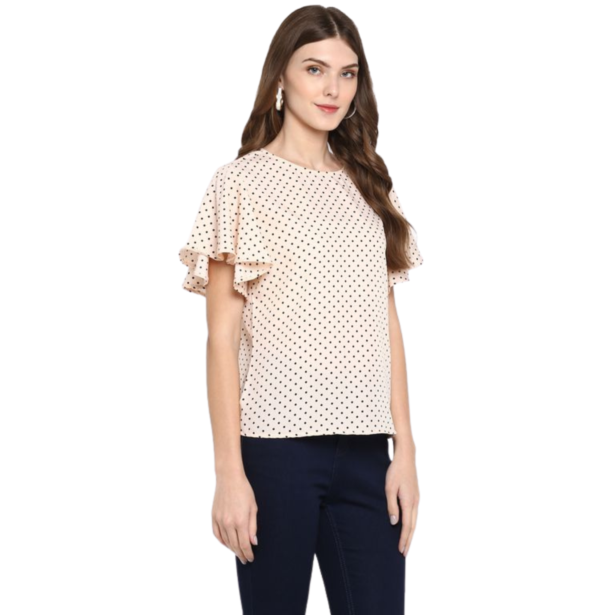 Peach Polka Dot Flutter Sleeve Top