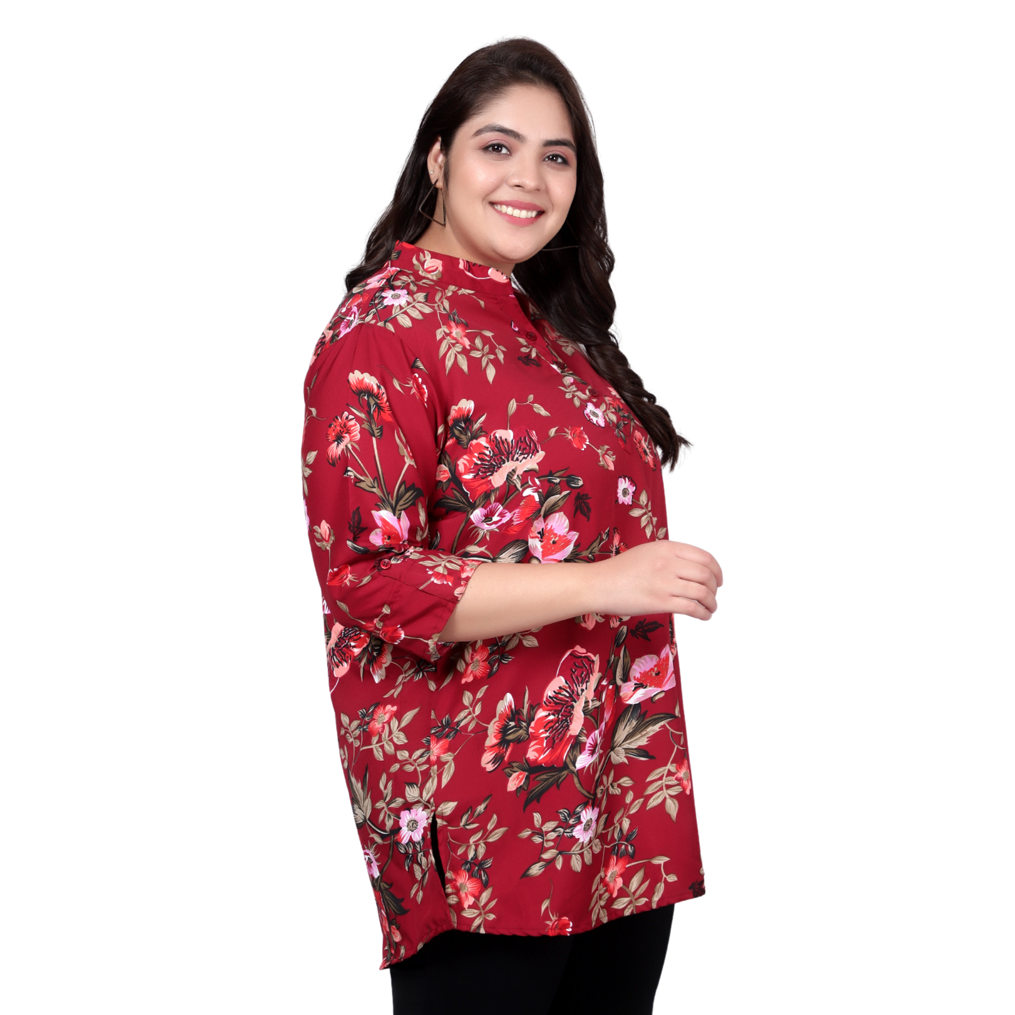 Maroon Floral Print Plus Size Tunic