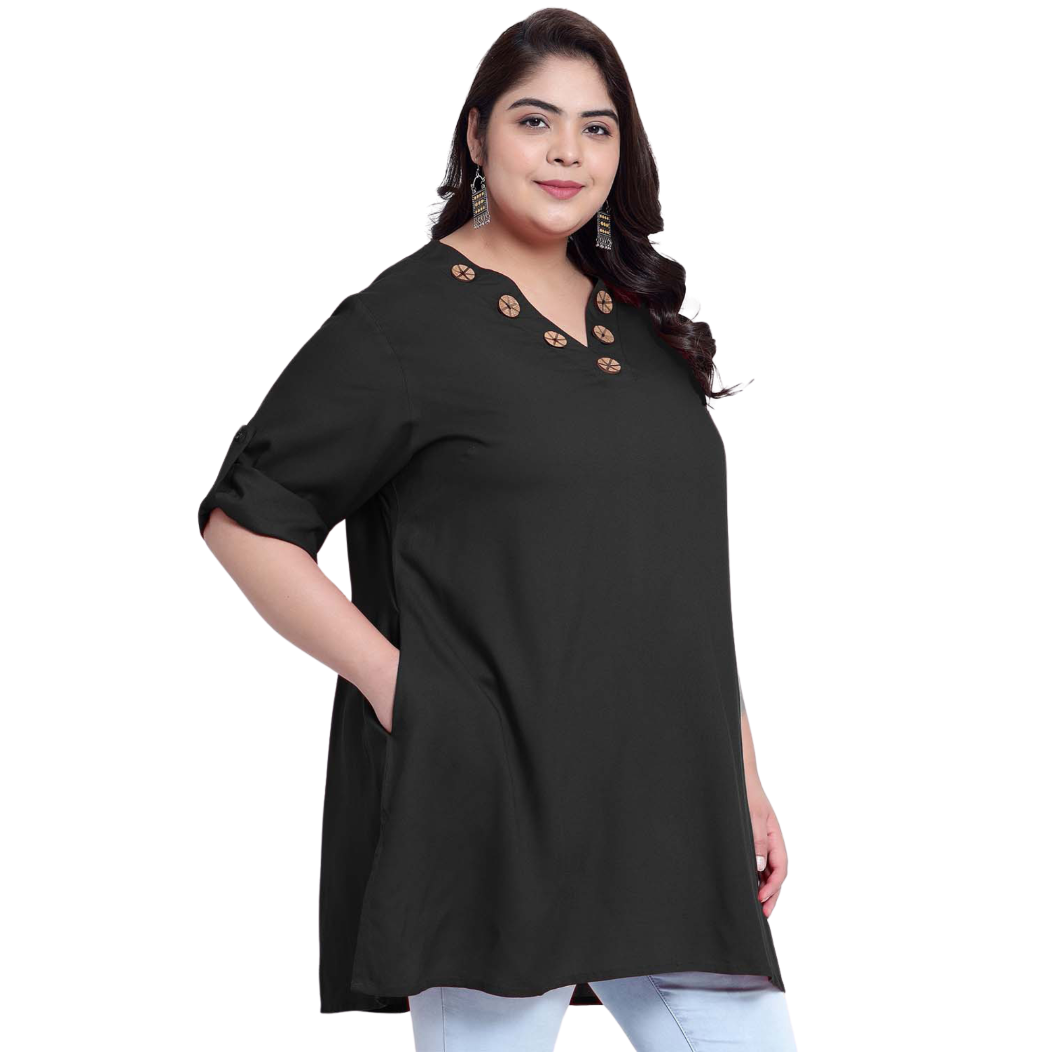 Black Collar Button Plus Size Tunic