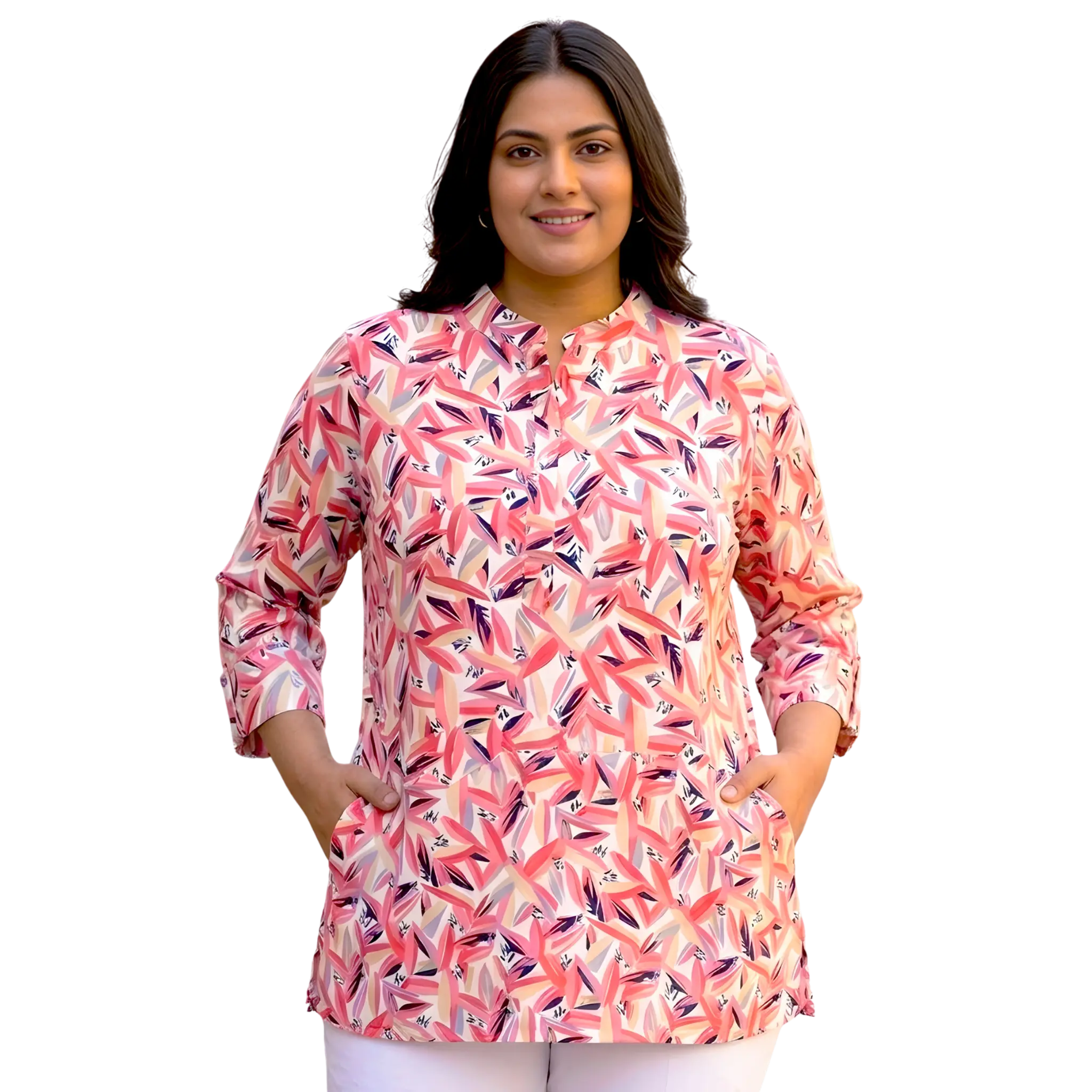 White and Pink Abstract Print Plus Size Tunic