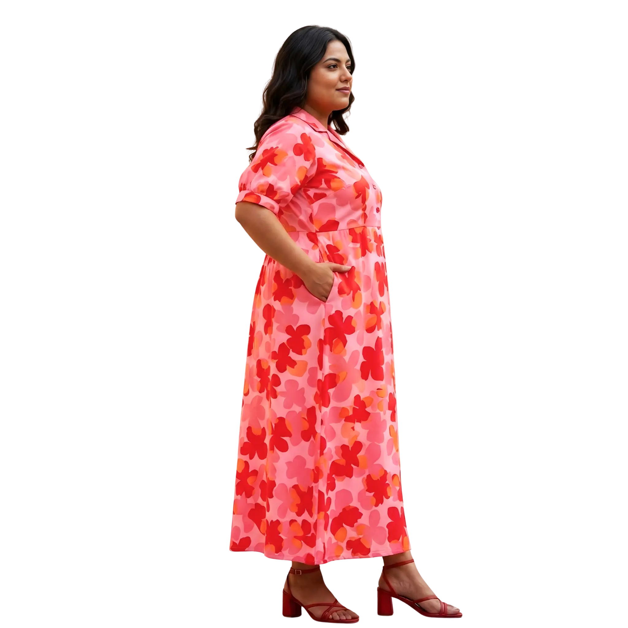 Red and Orange Floral Print Plus Size Dress