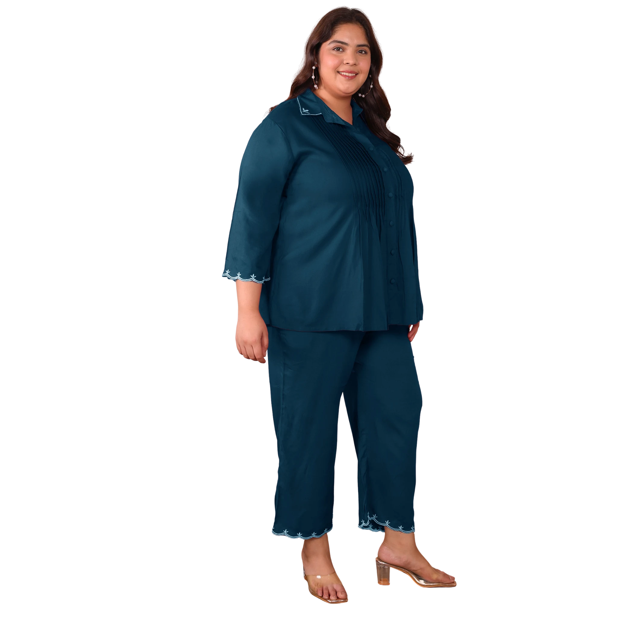 Peacock Blue Rayon Collar Embroidered Co Ord Set