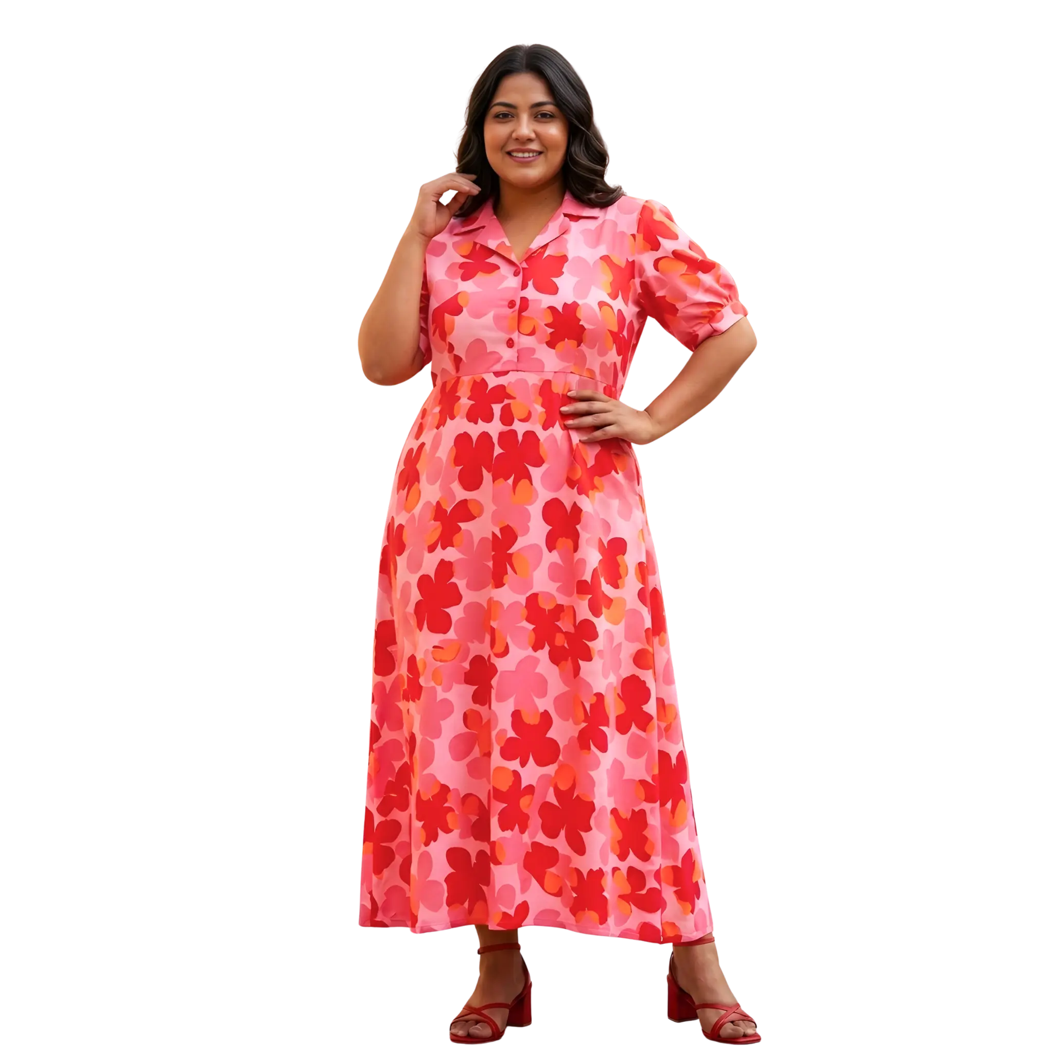 Red and Orange Floral Print Plus Size Dress