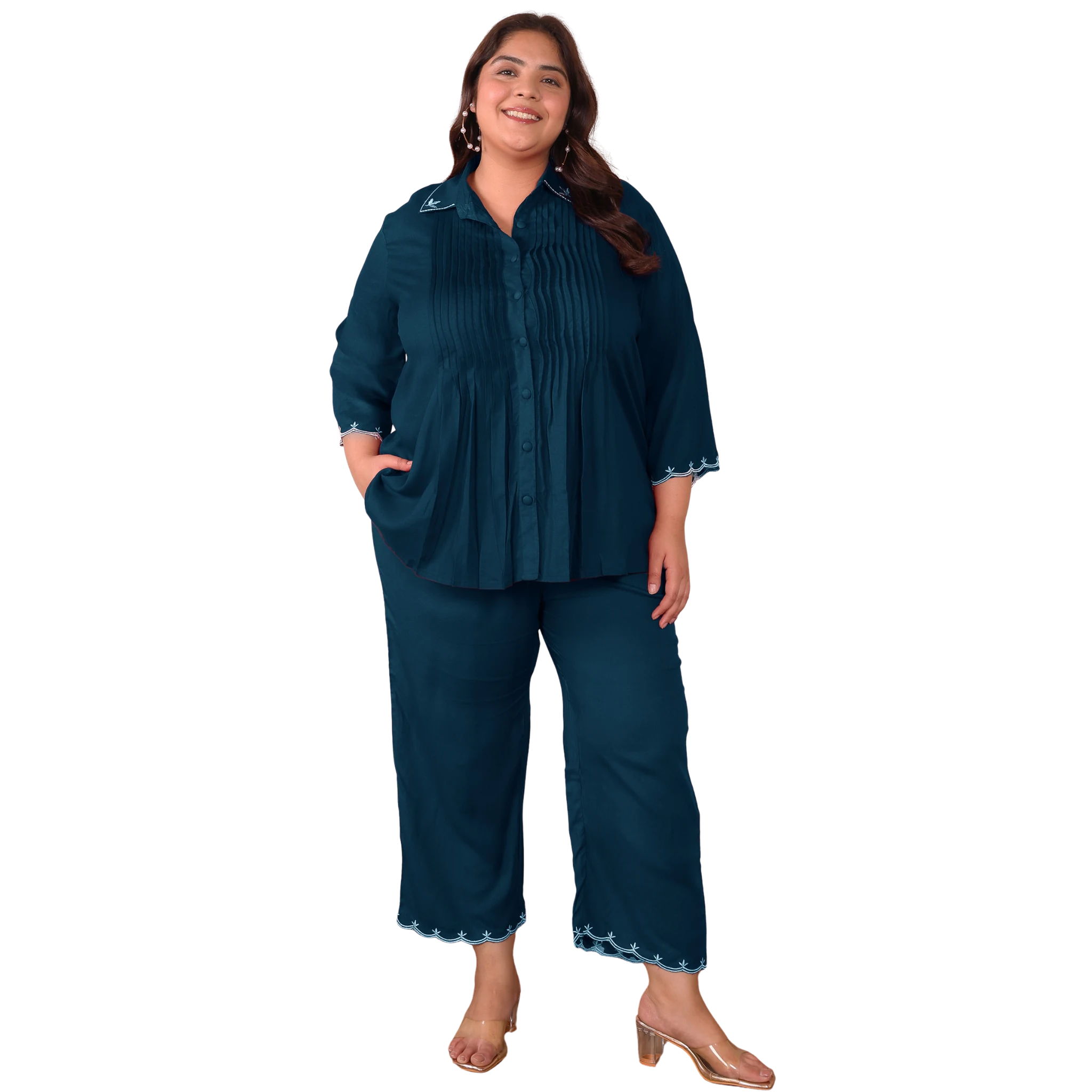 Peacock Blue Rayon Collar Embroidered Co Ord Set