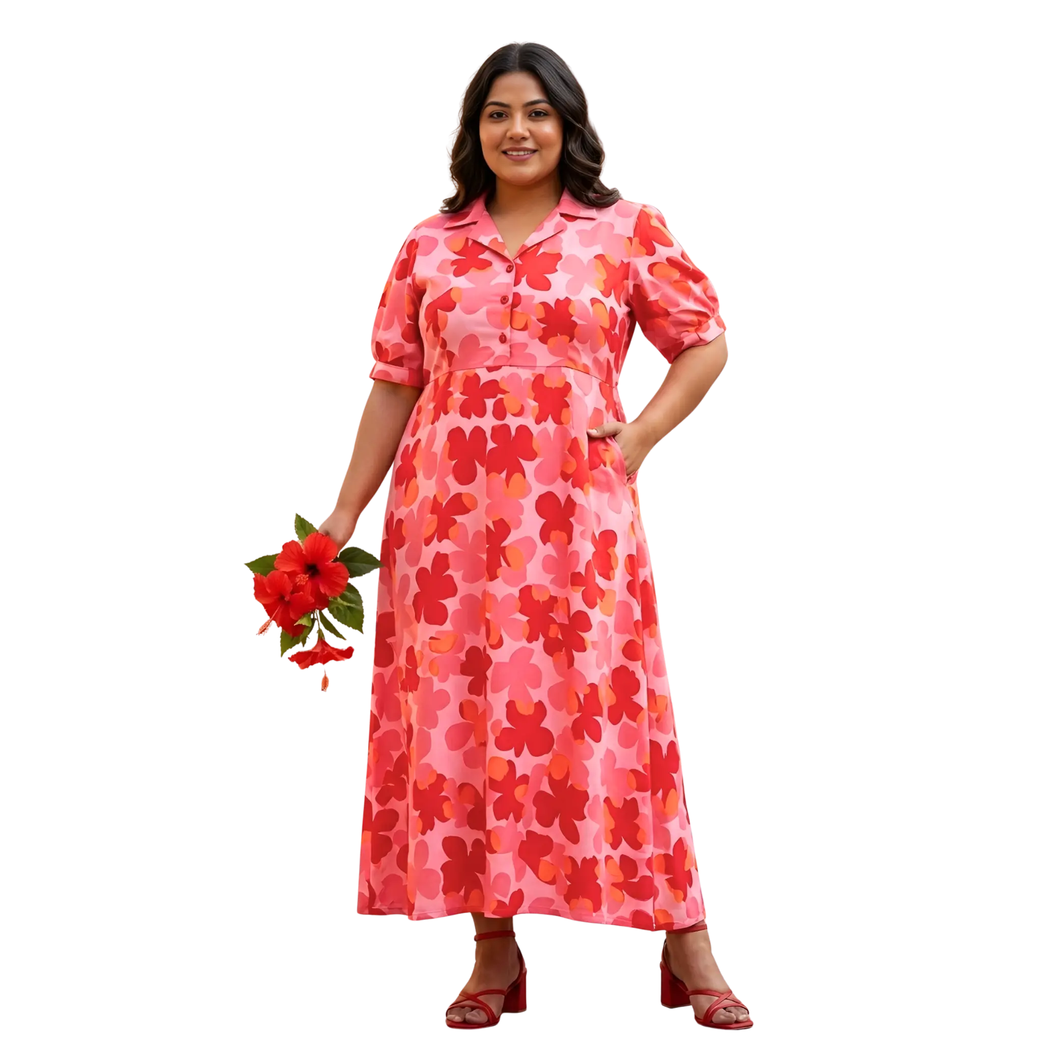 Red and Orange Floral Print Plus Size Dress