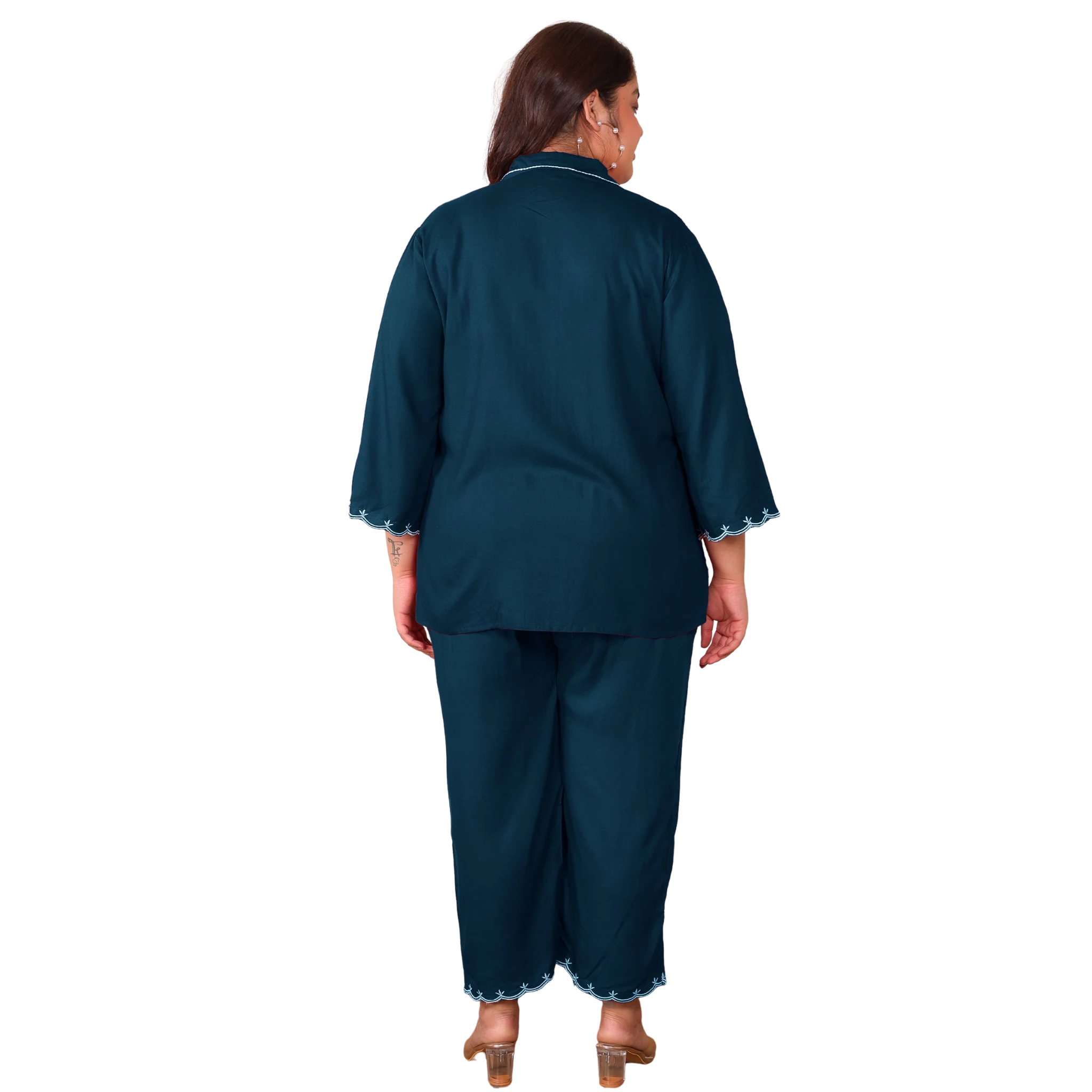 Peacock Blue Rayon Collar Embroidered Co Ord Set