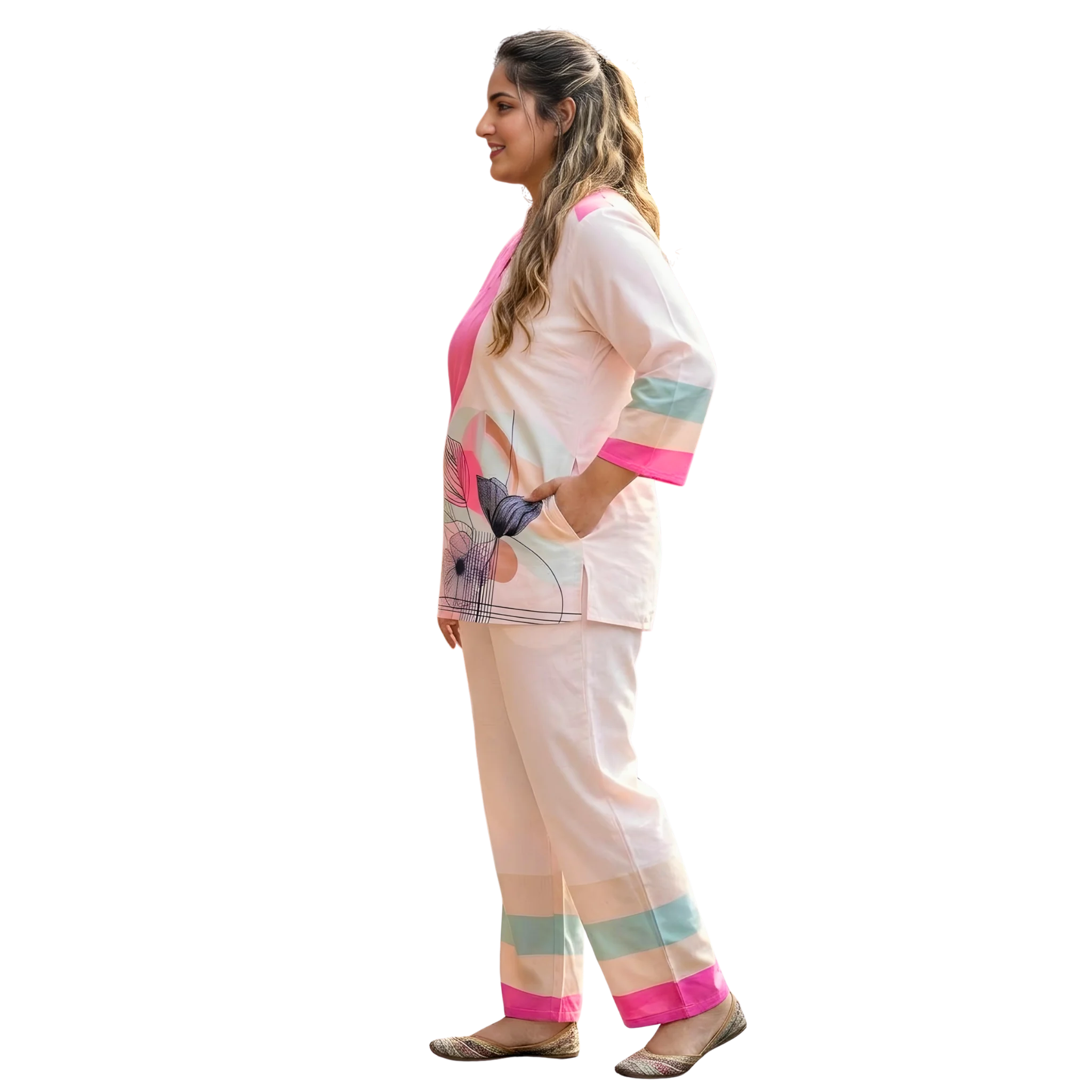 Pink and OffWhite Print Co Ord Set