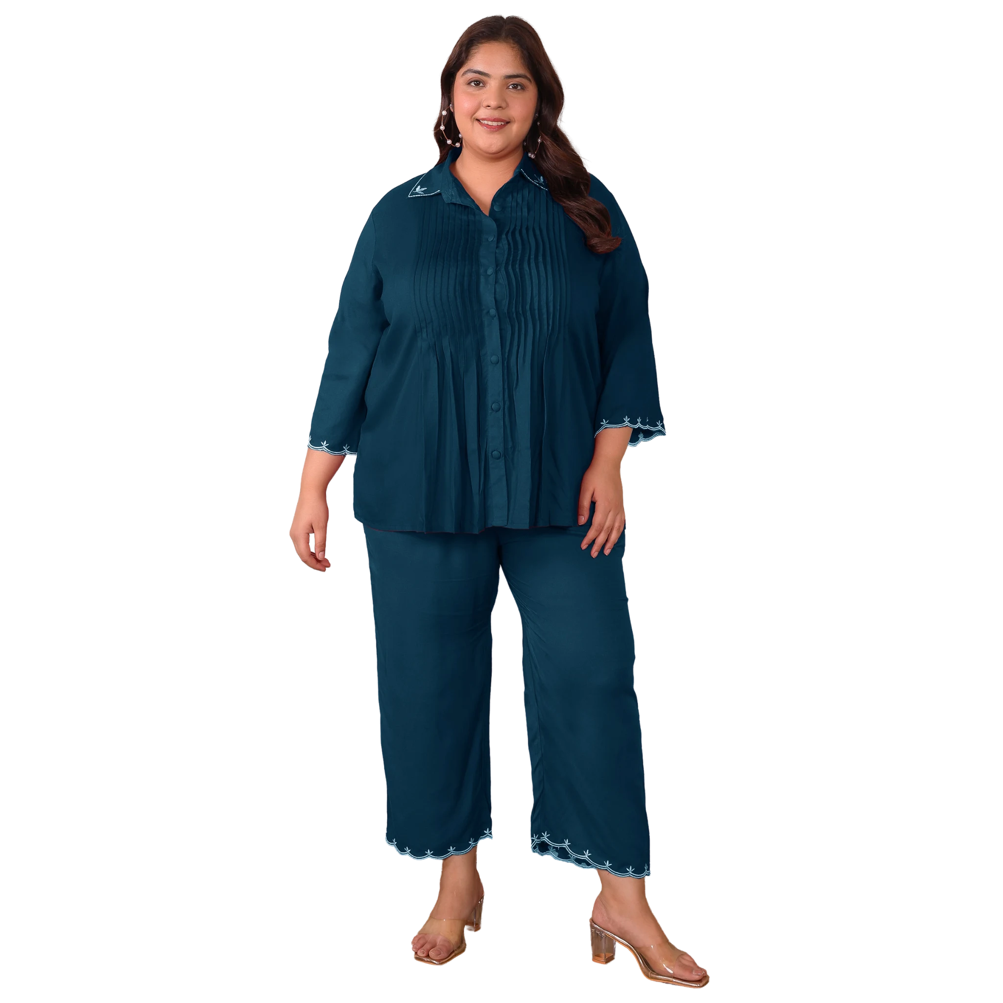 Peacock Blue Rayon Collar Embroidered Co Ord Set