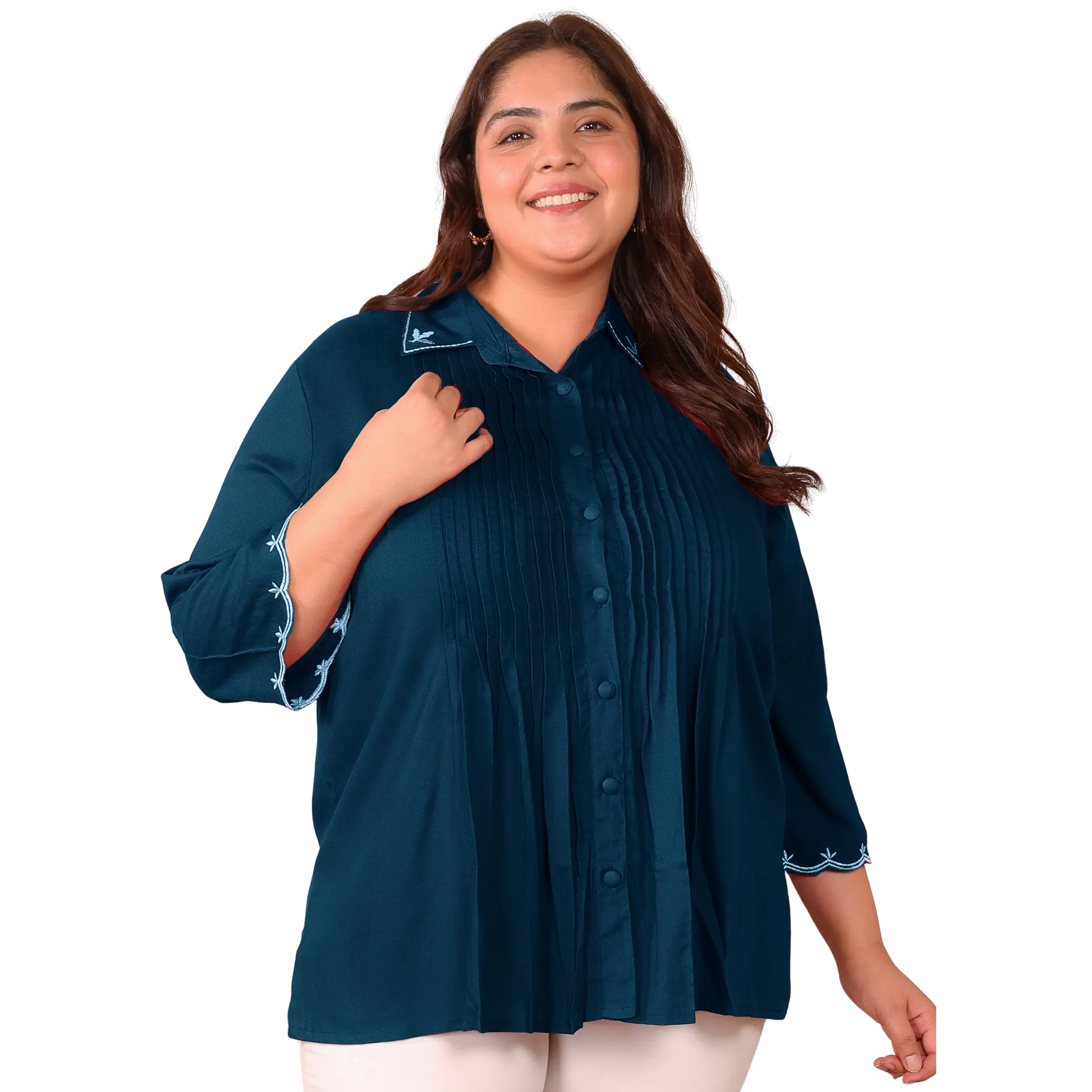 Peacock Blue Rayon Collar Embroidered Tunic