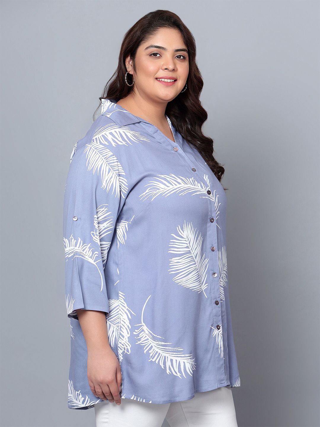 Blue Leaf Print Plus Size Shirt — view 3