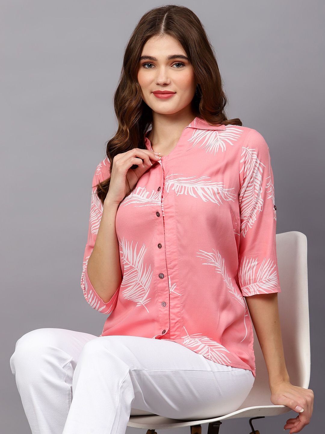 Pink Leaf Print Shirt — view 14