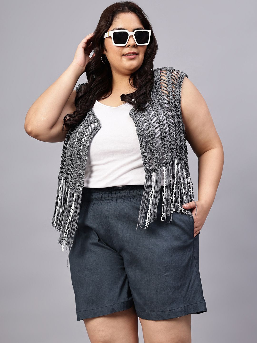 Grey Cotton Plus Size Shorts — view 5
