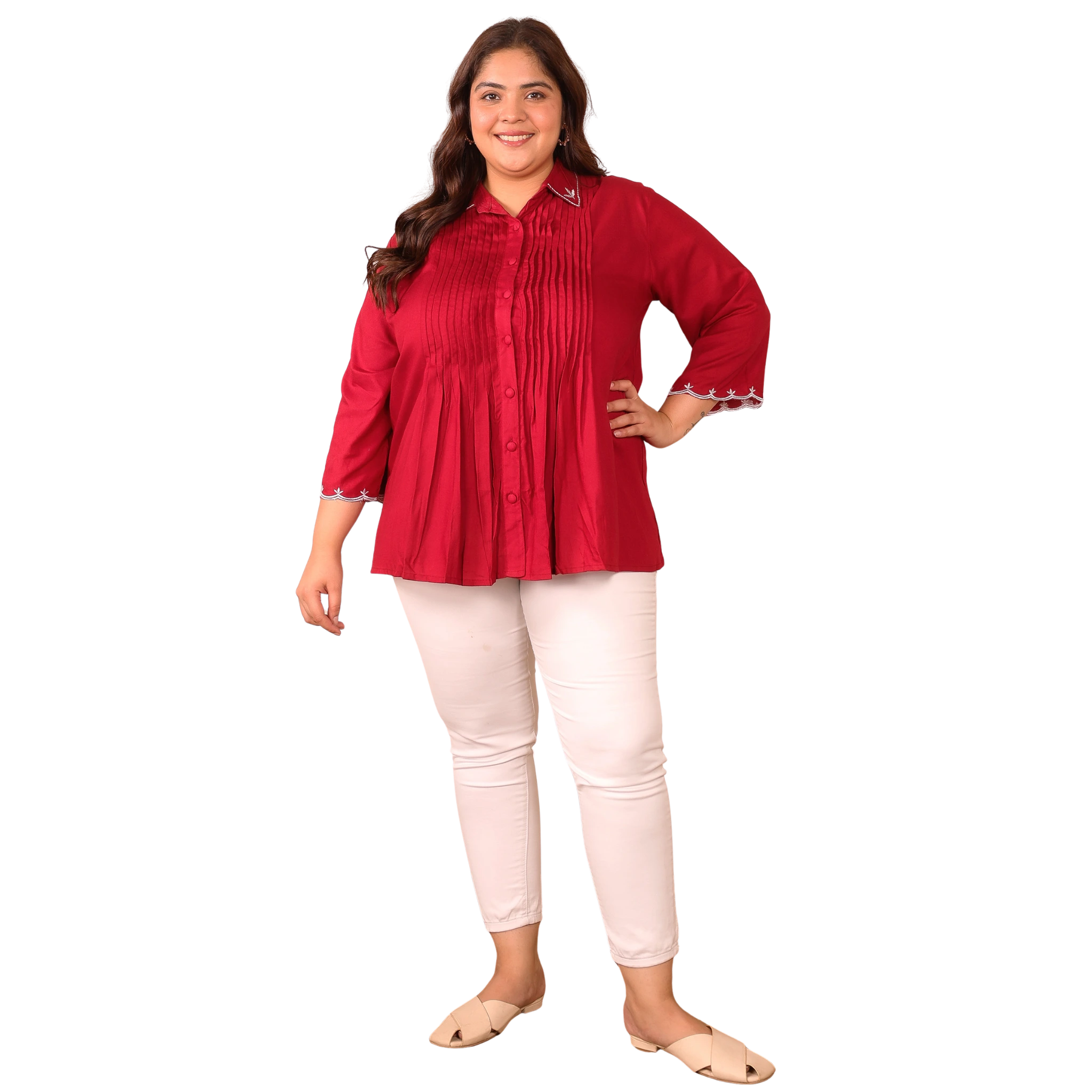 Red Rayon Collar Embroidered Tunic