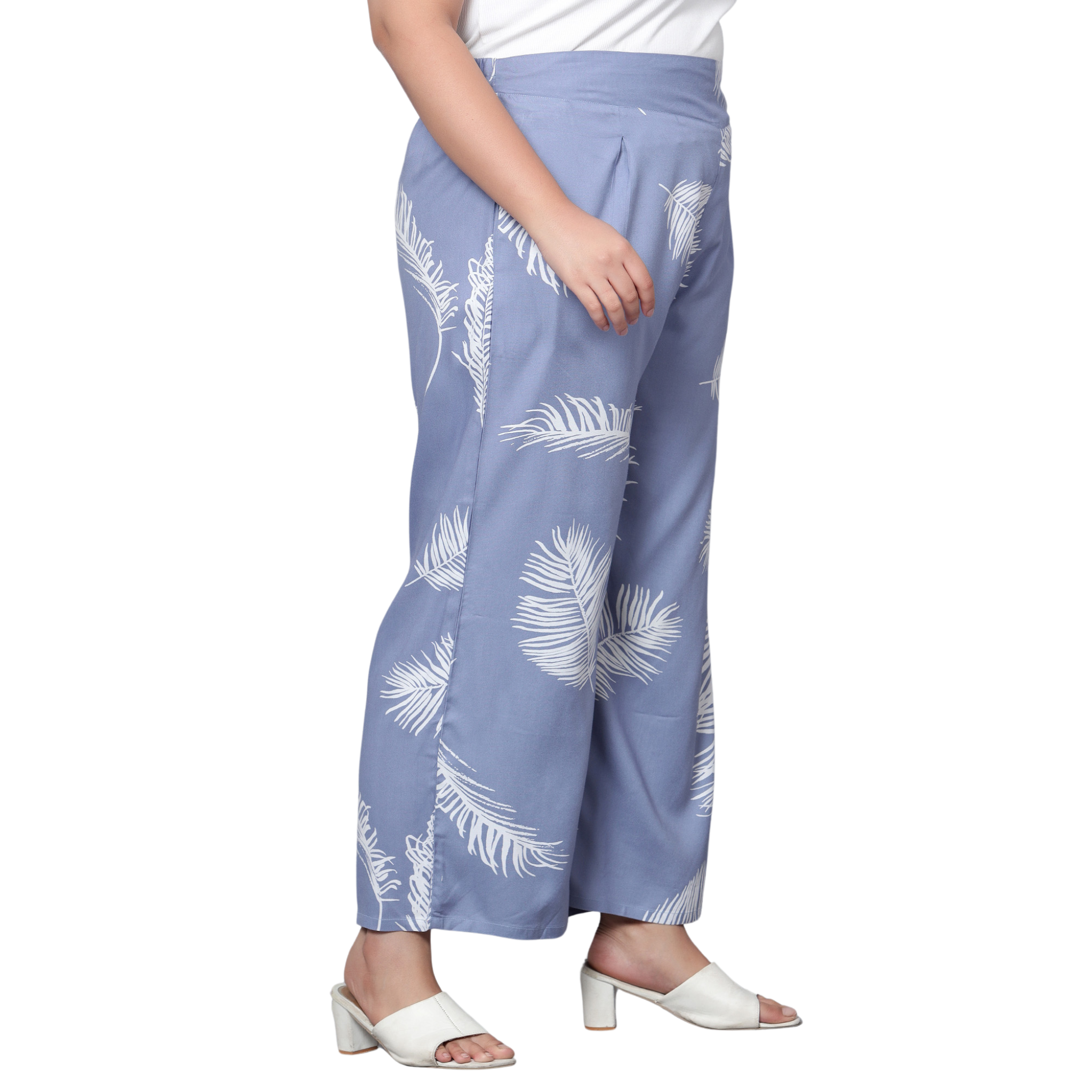 Blue Leaf Print Plus Size Trousers
