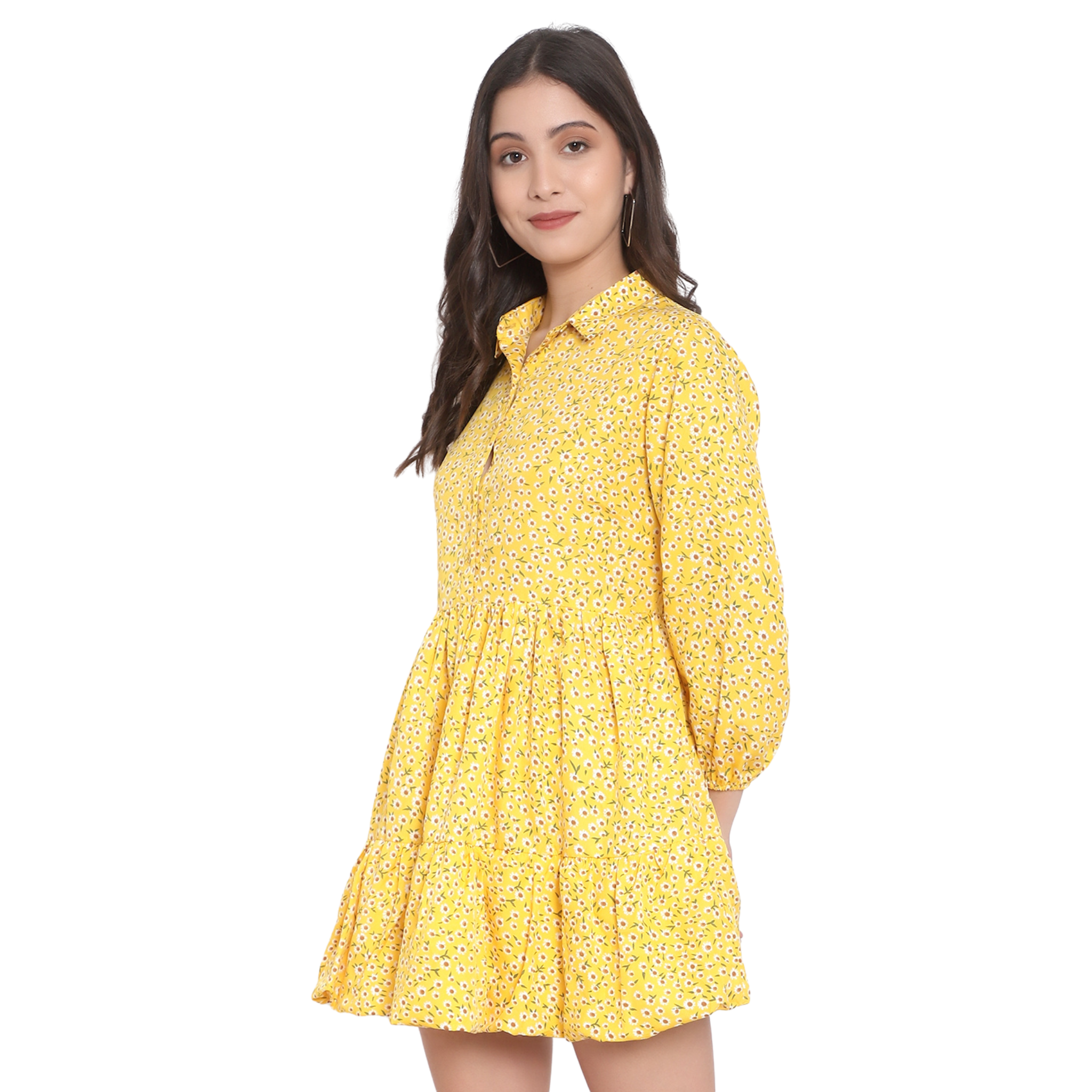 Yellow Floral Print Tiered Dress