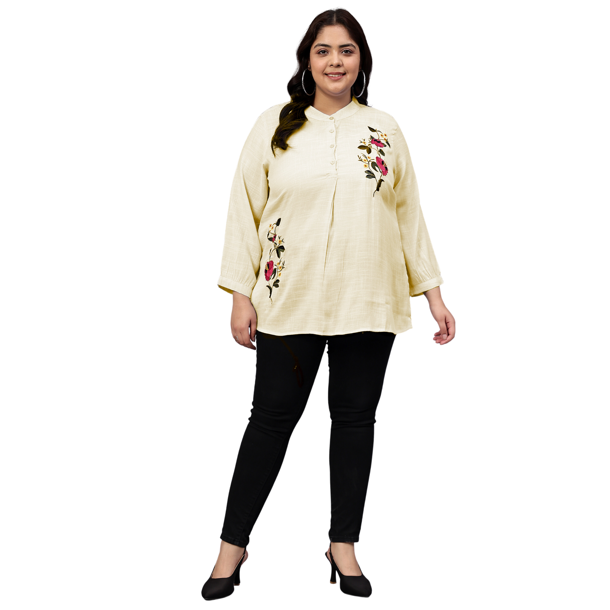 Yellow Floral Embroidered Plus Size Tunic