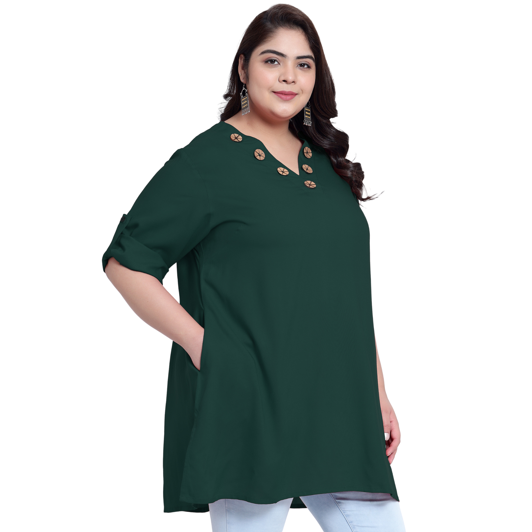 Green Collar Button Plus Size Tunic