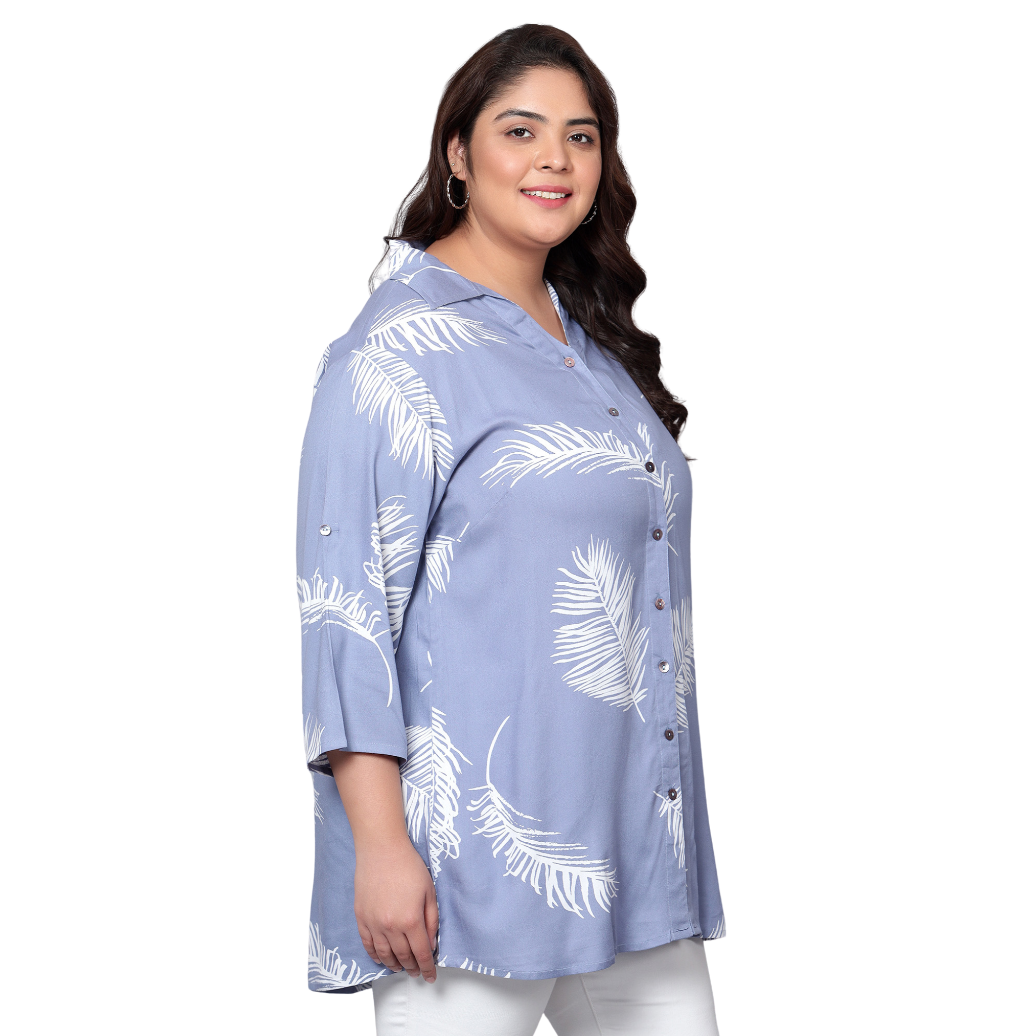 Blue Leaf Print Plus Size Shirt