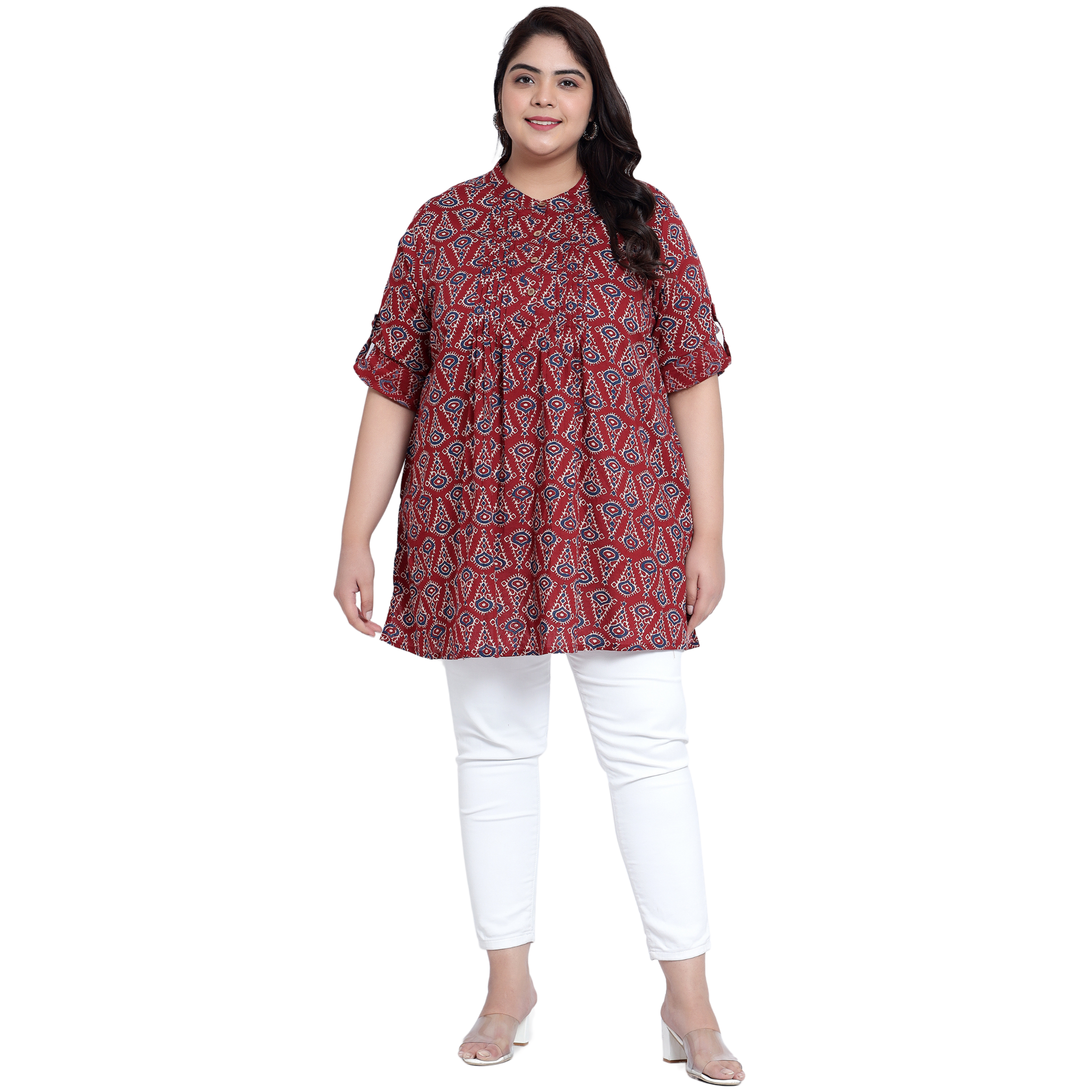 Red Geometric Print Pleat Plus Size Tunic