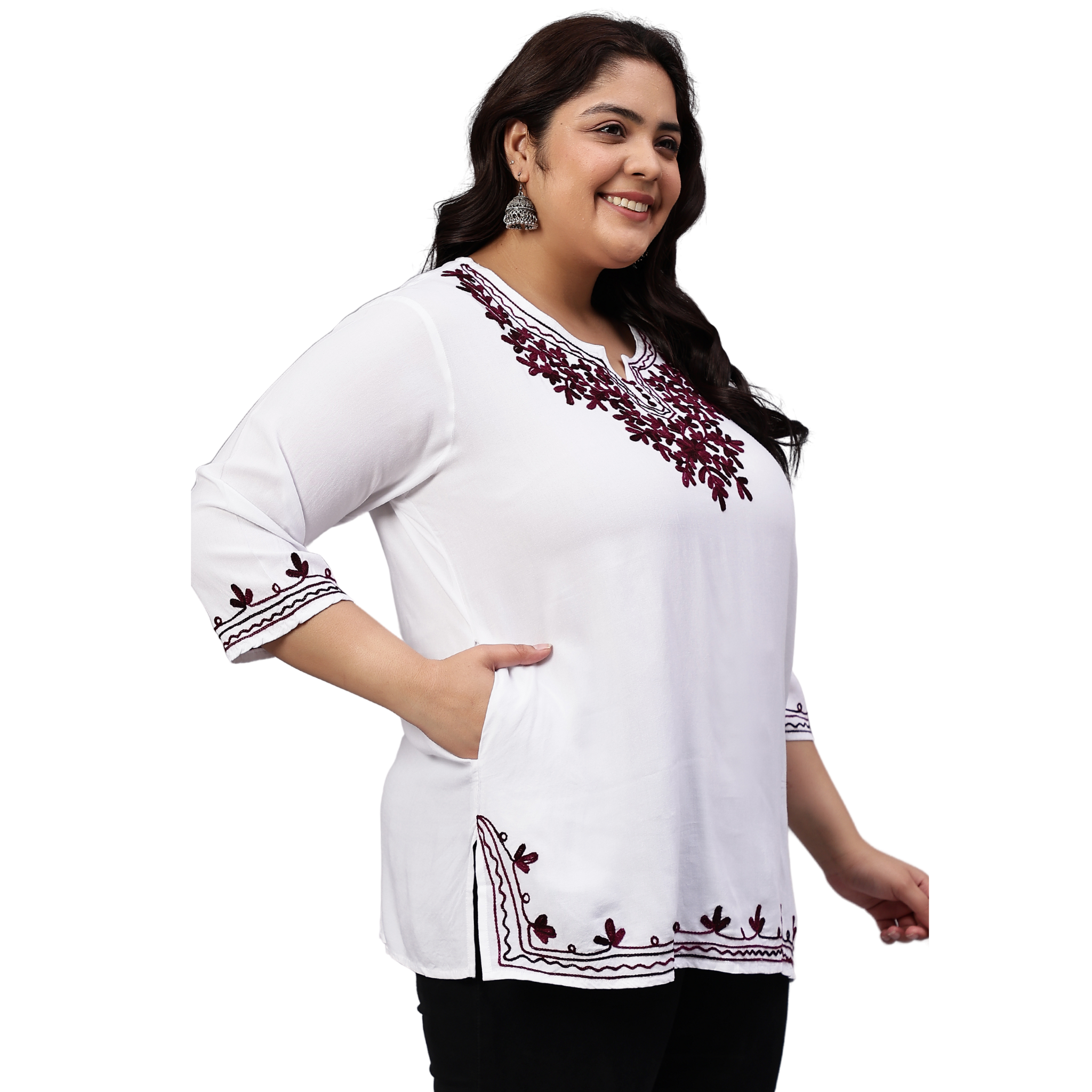 White And Purple Embroidered Plus Size Tunic