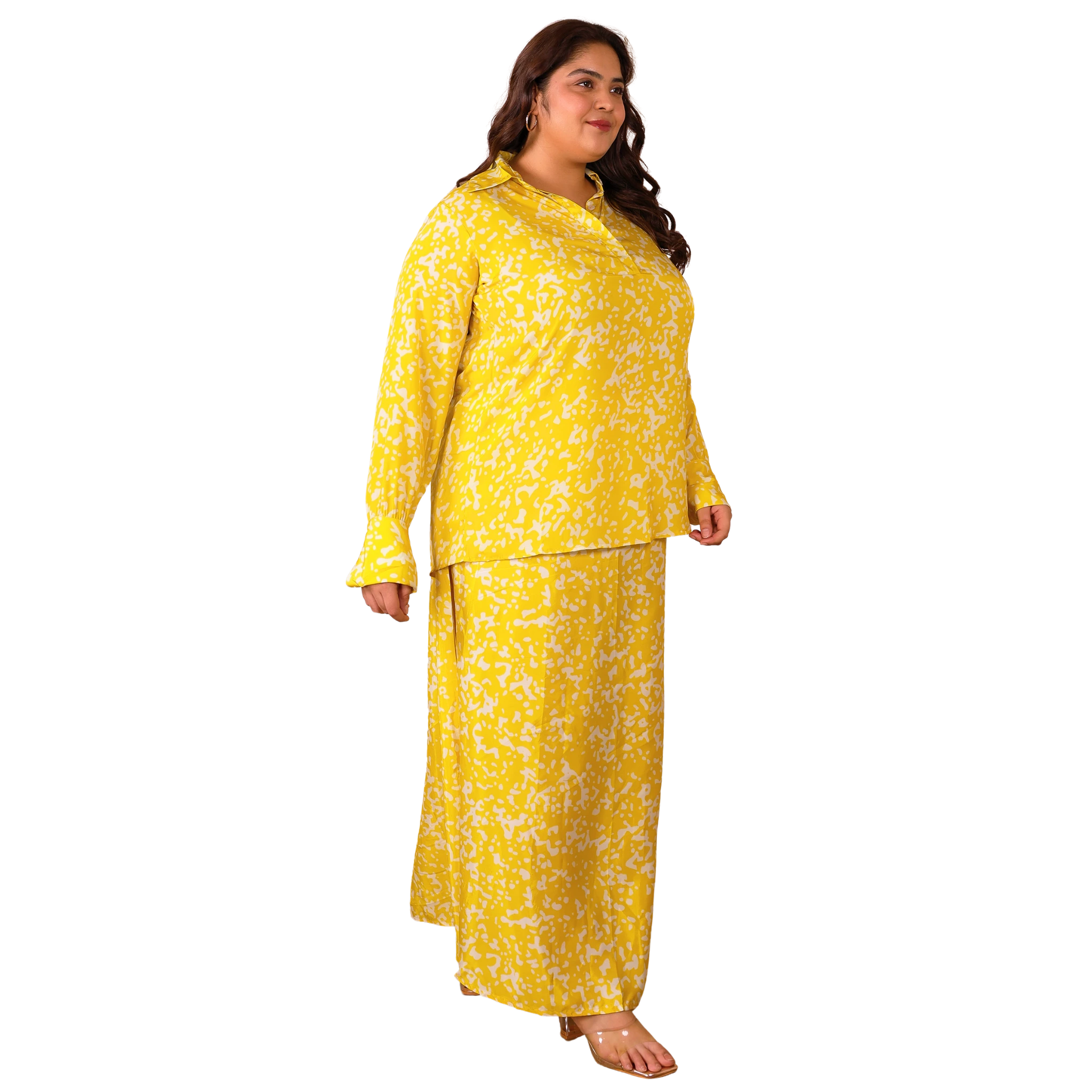 Yellow Satin Print Plus Size Co Ord Set