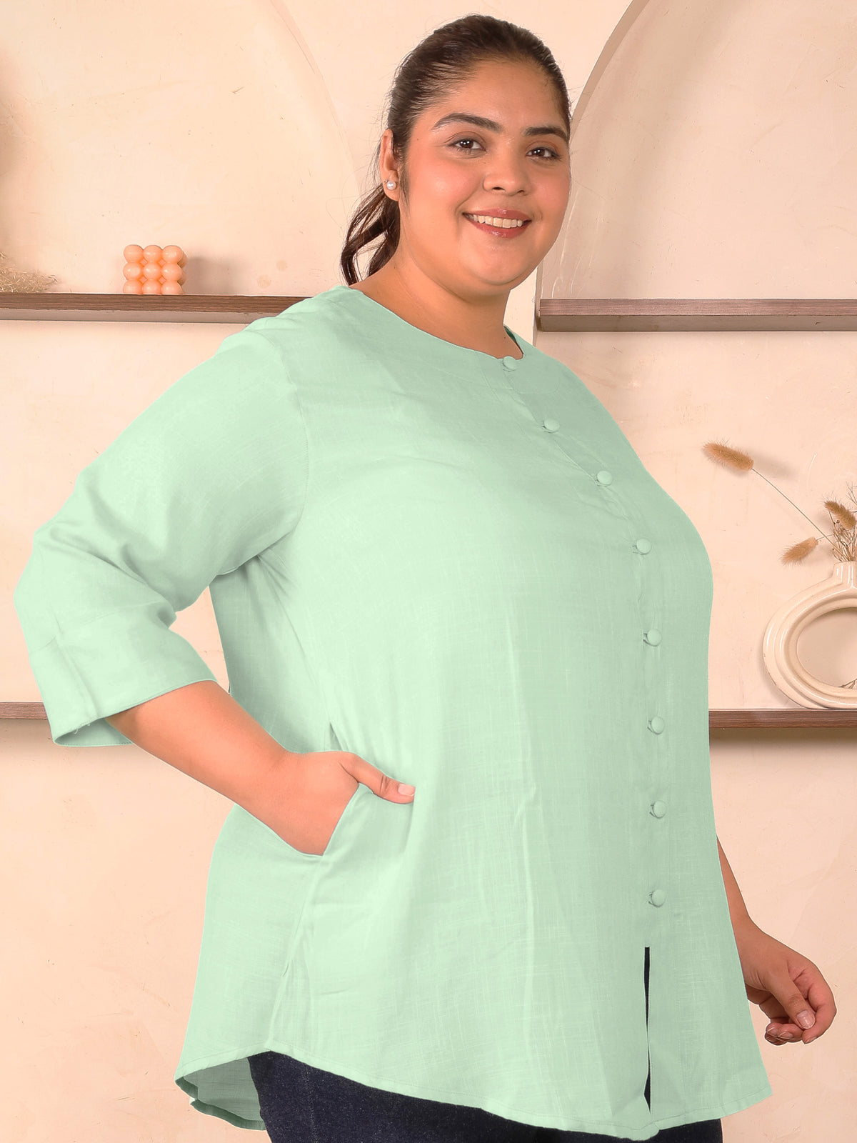 Green Cotton Linen Plus Size Tunic