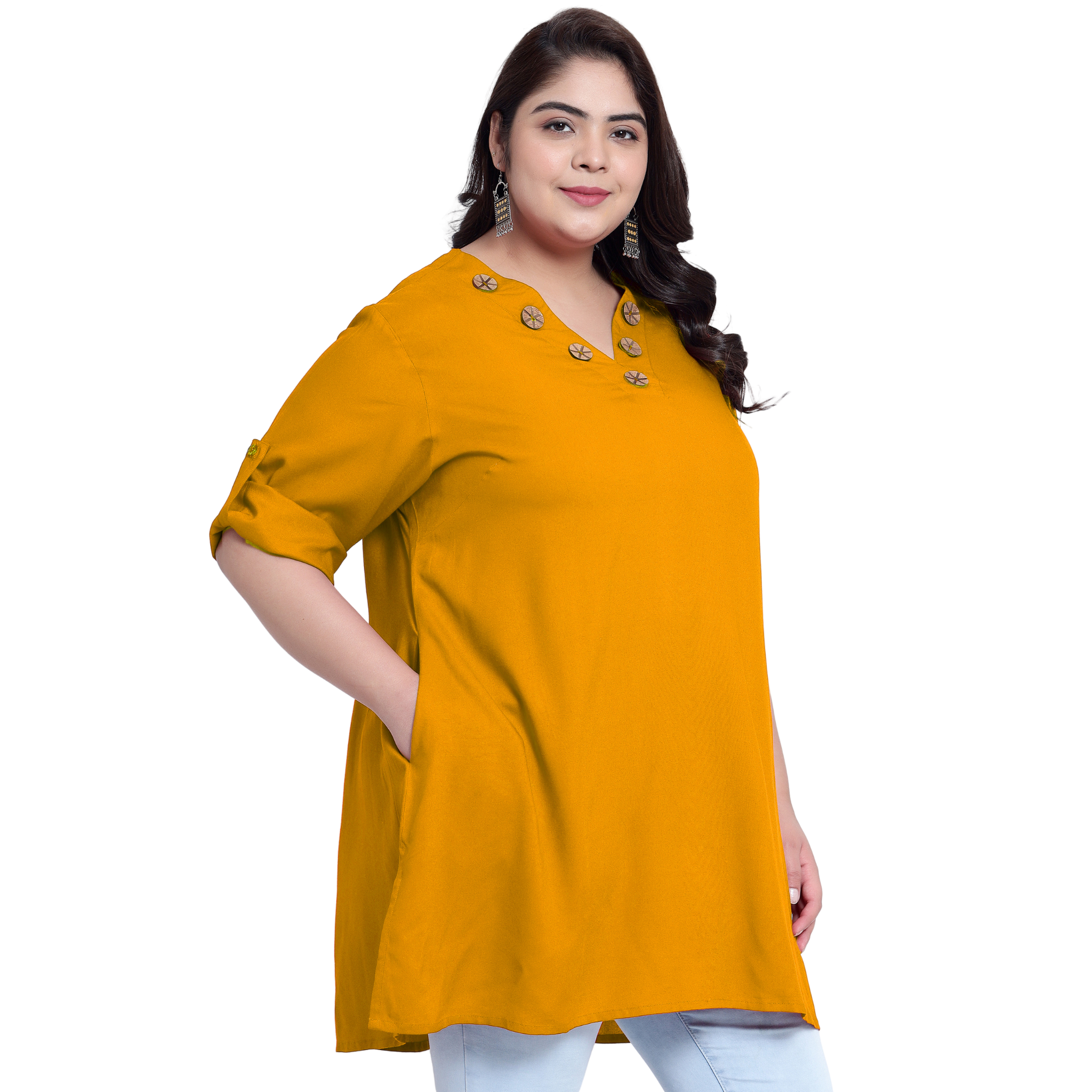 Mustard Collar Button Plus Size Tunic