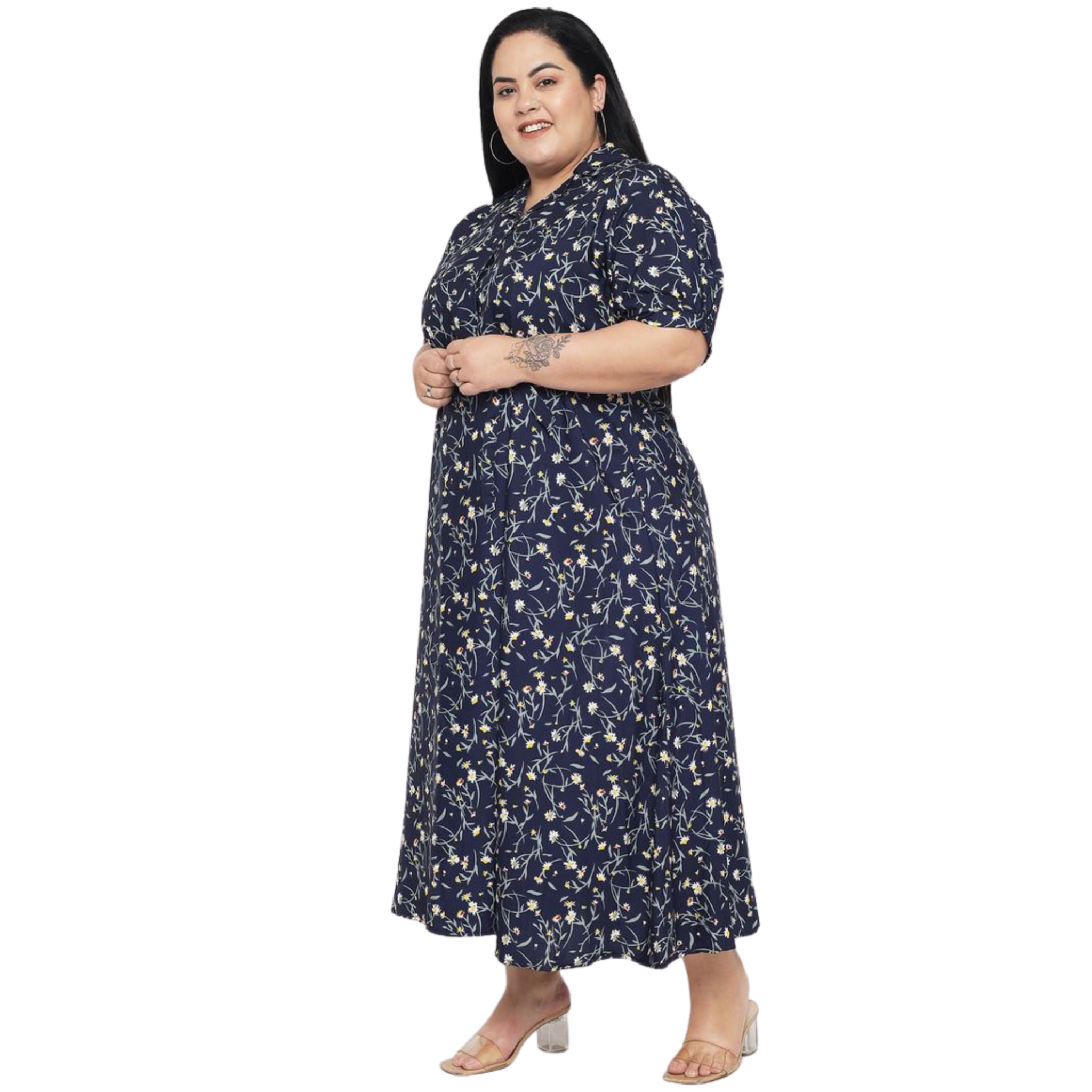 Blue Floral Fit And Flare Plus Size Dress
