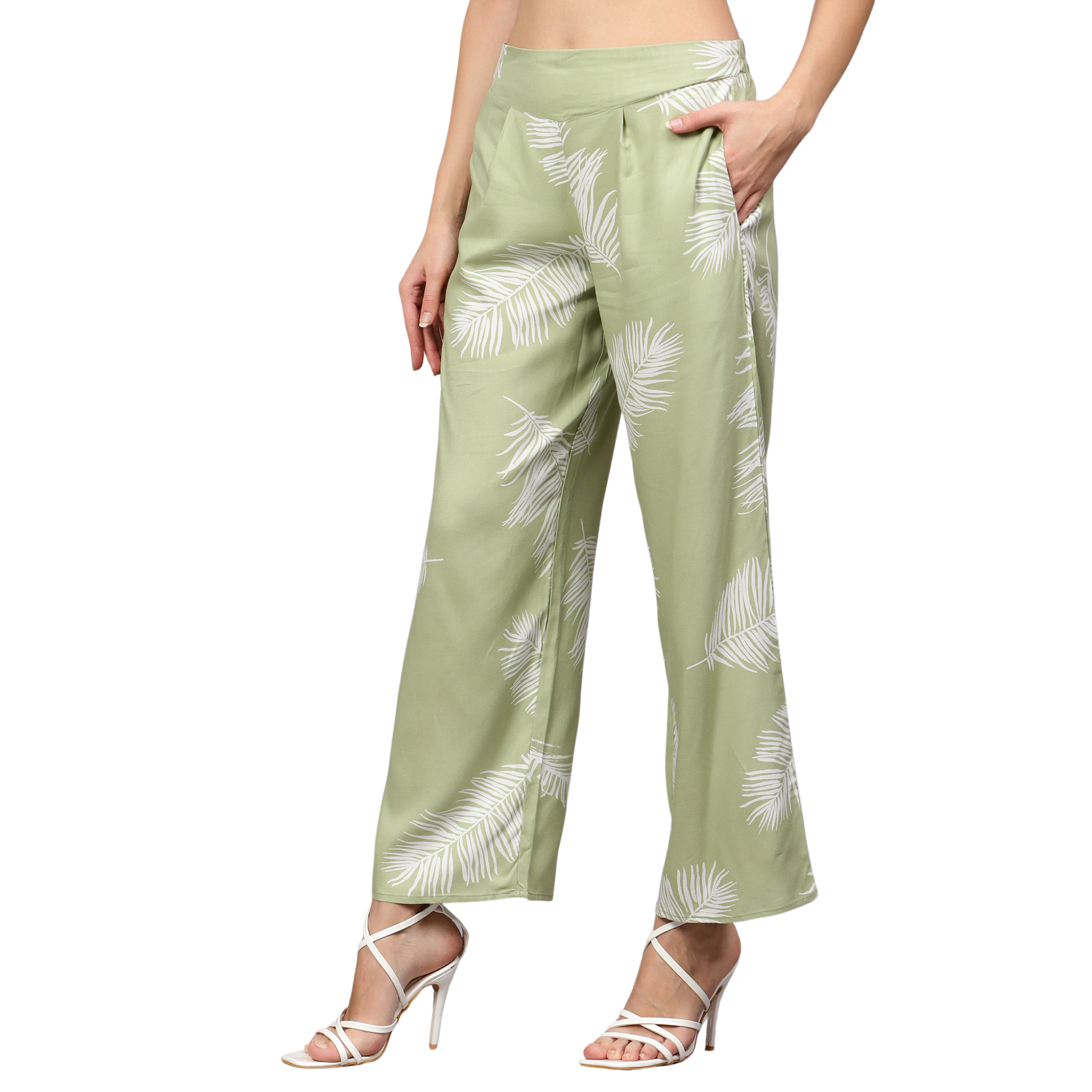 Green Leaf Print Trousers