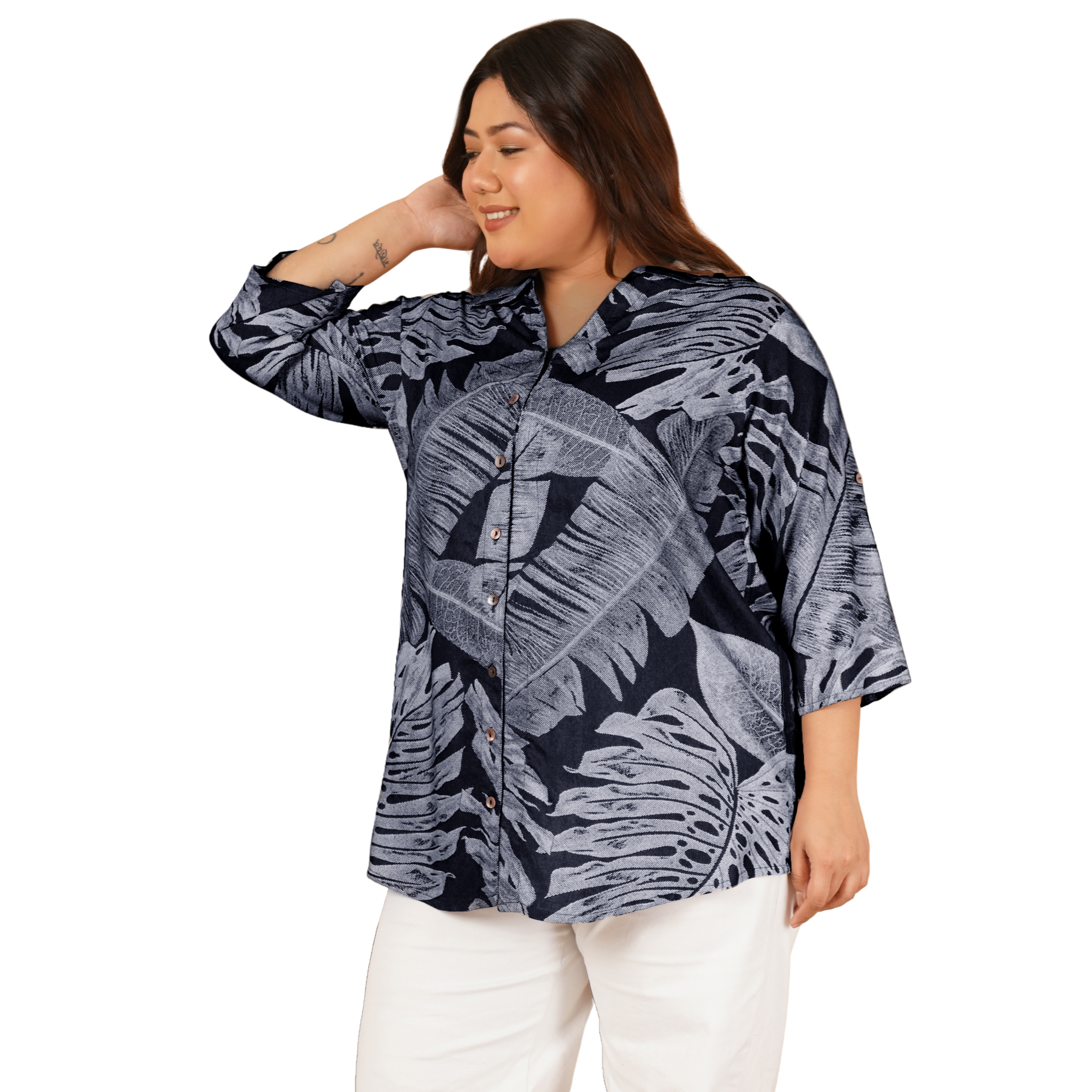Dark Blue Leaf Print Plus Size Shirt