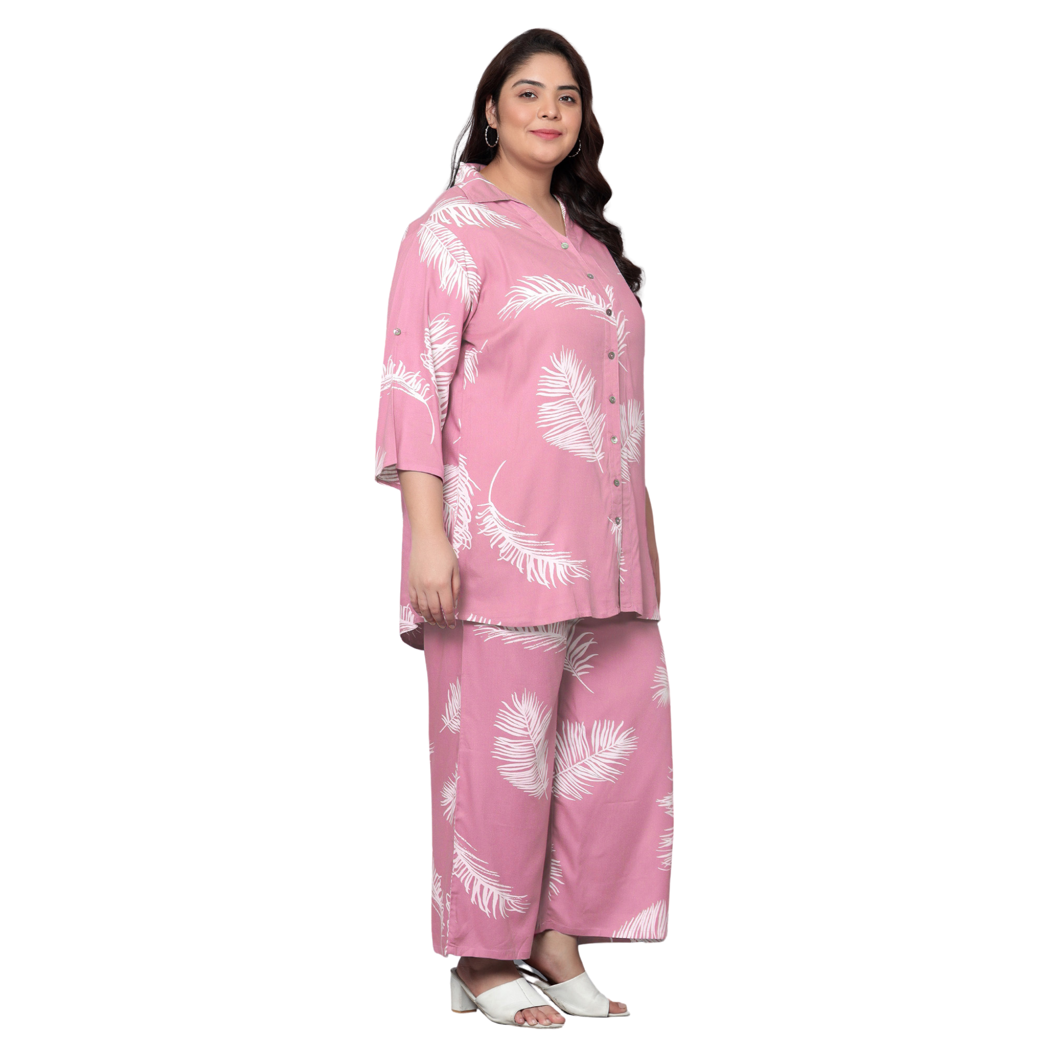 Pink Leaf Print Plus Size Co-Ord Set