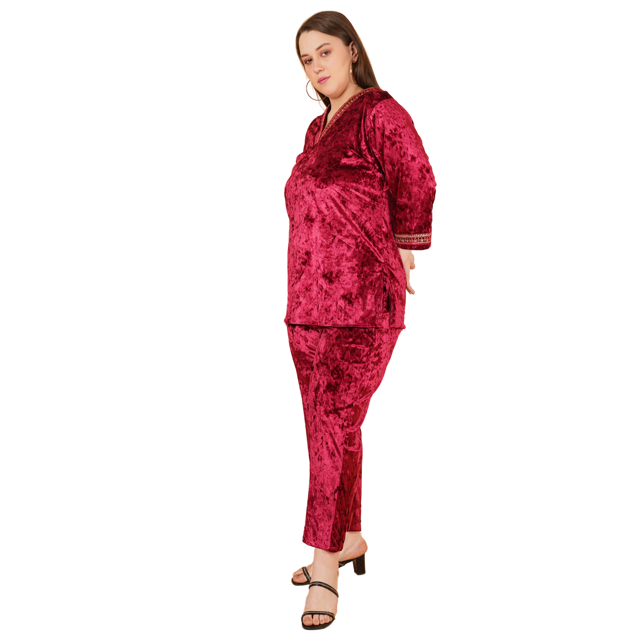 Maroon Velvet Plus Size Co Ord Set