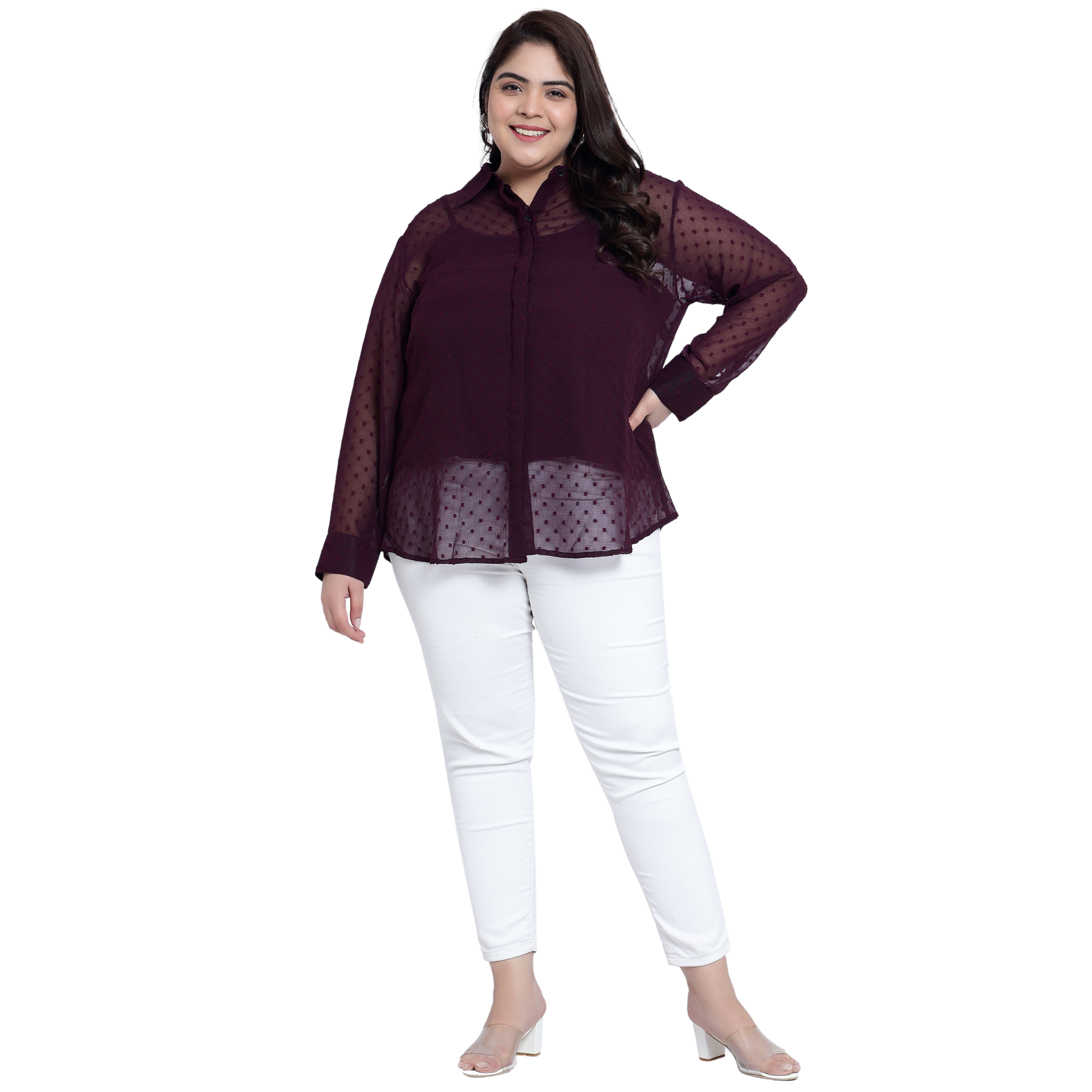 Purple Dobby Sheer Plus Size Shirt with Slip