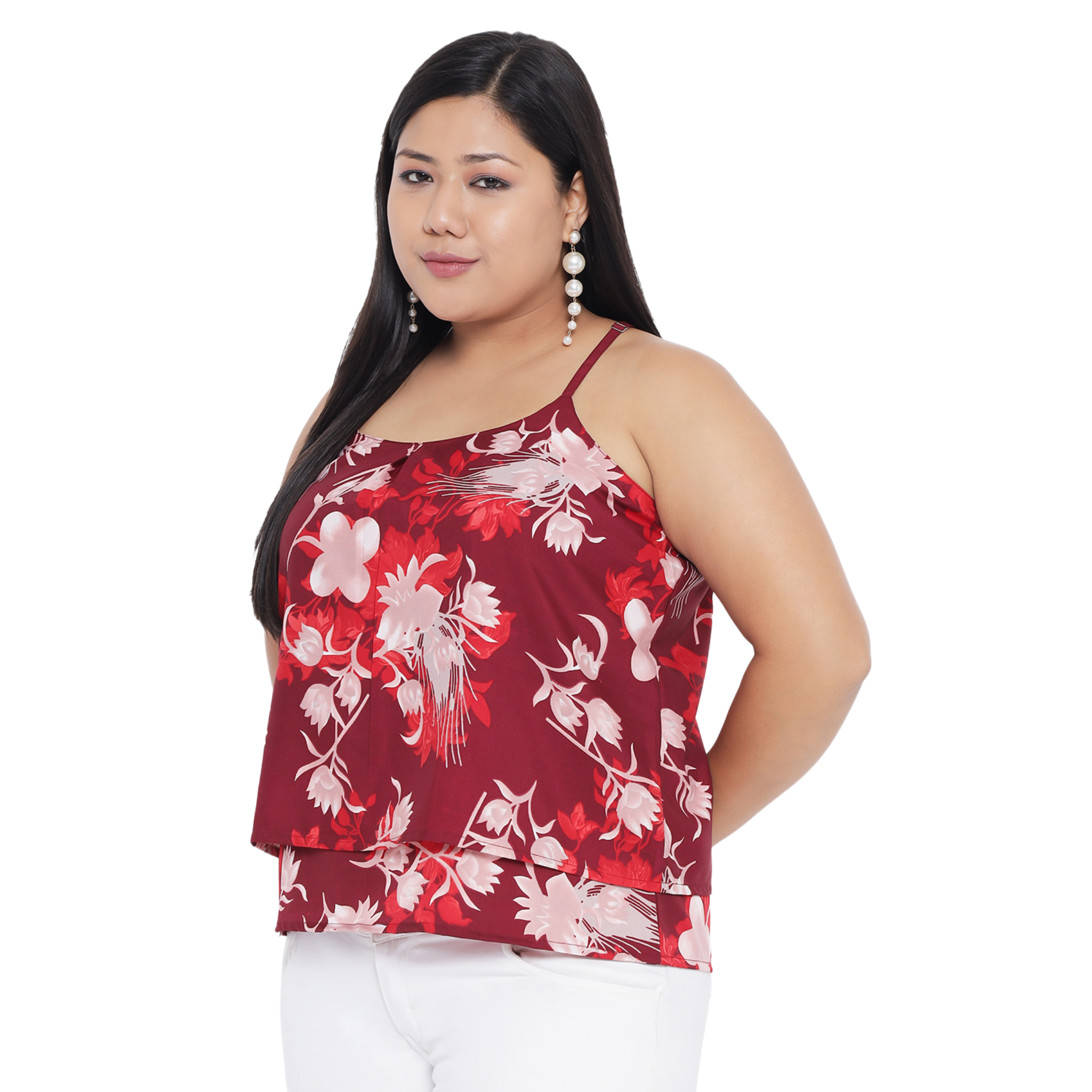 Red Floral Strap Plus Size Top