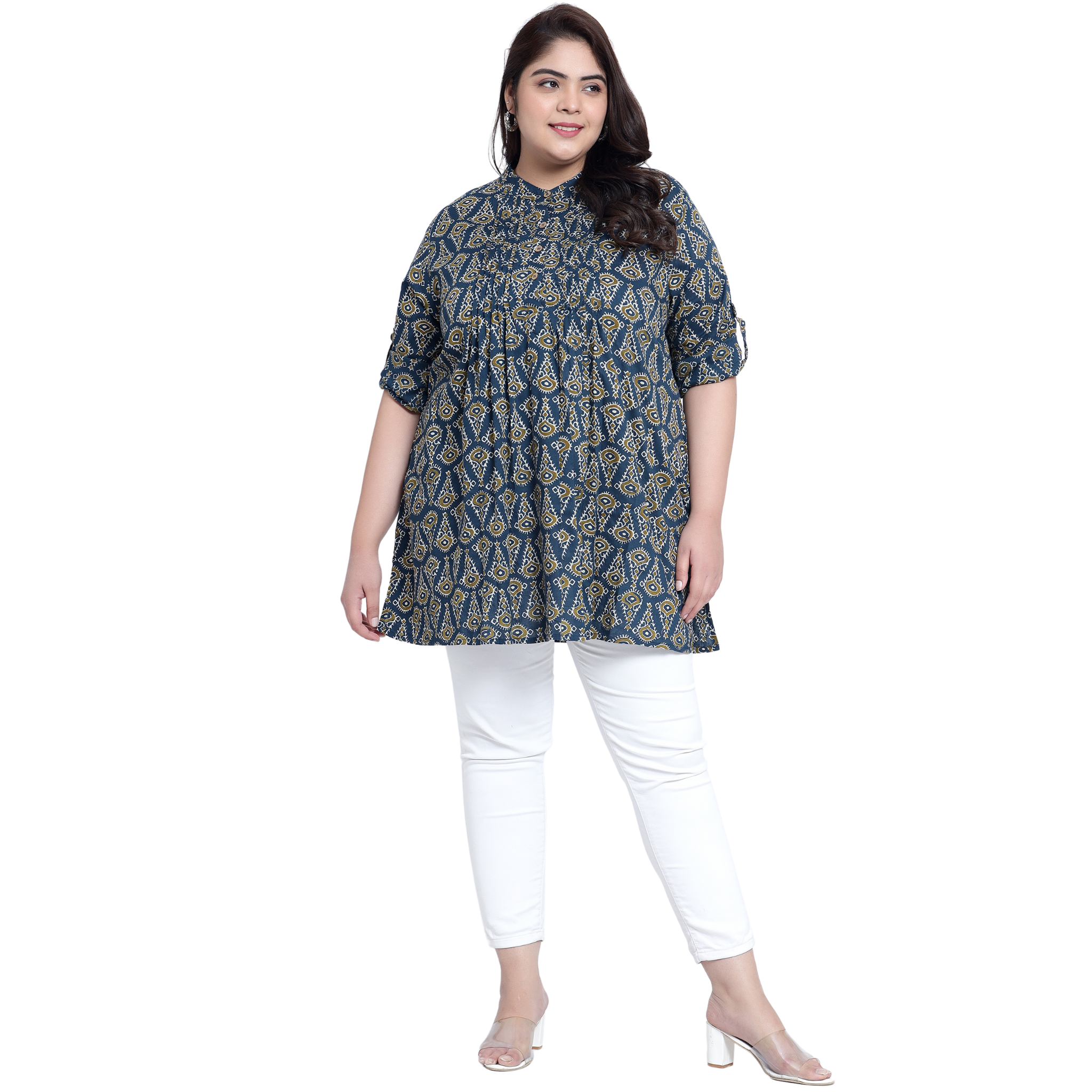 Blue Geometric Print Pleat Plus Size Tunic