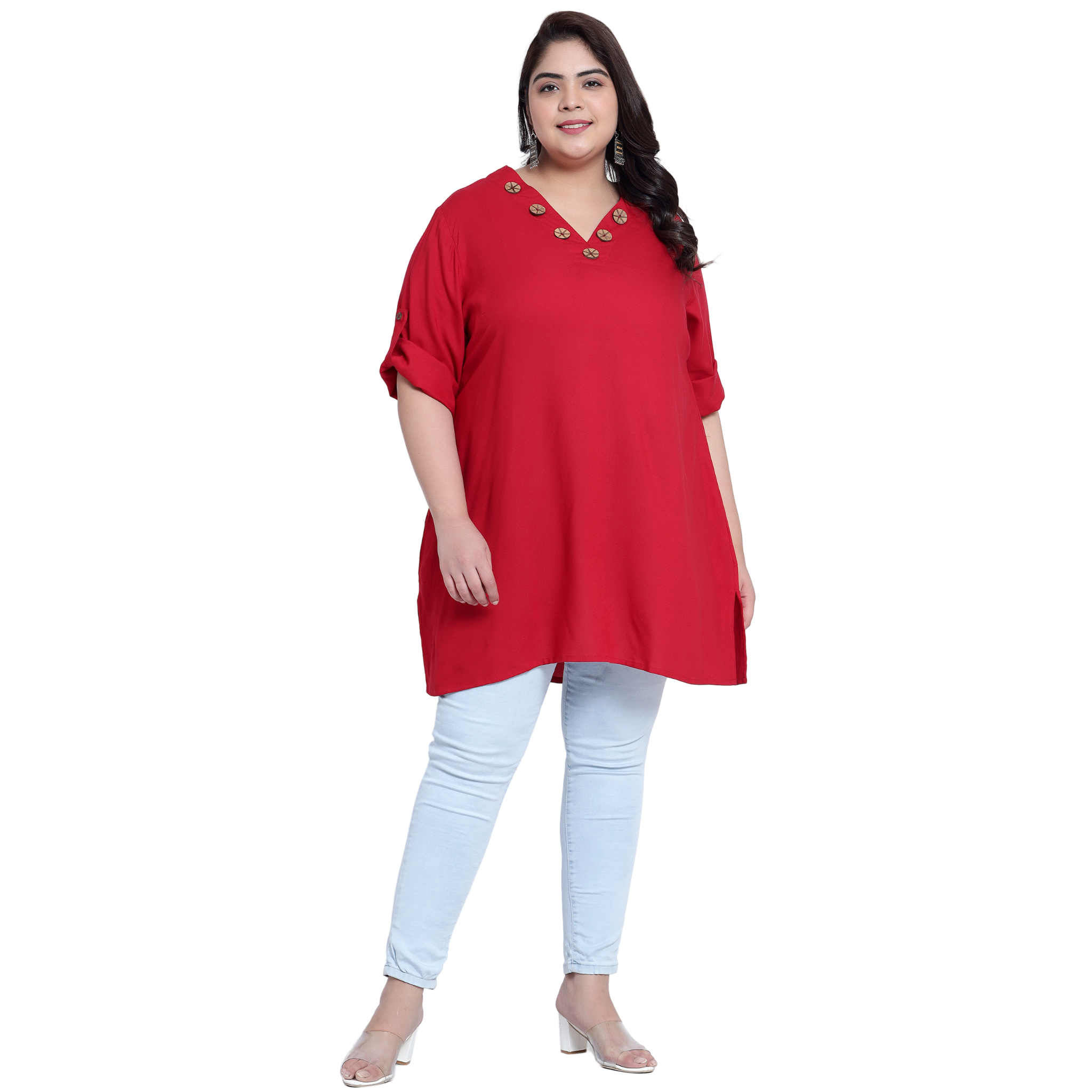 Maroon Collar Button Plus Size Tunic