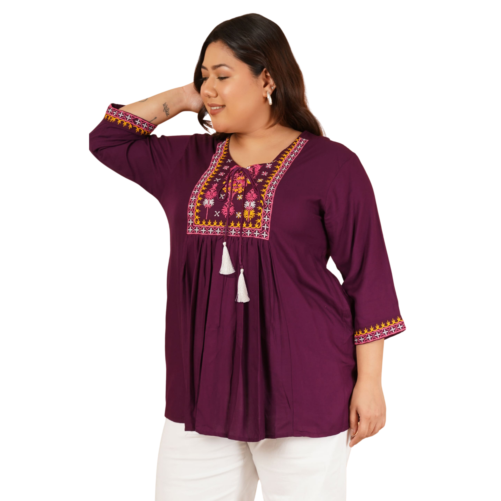 Burgundy Embroidered Plus Size Tunic