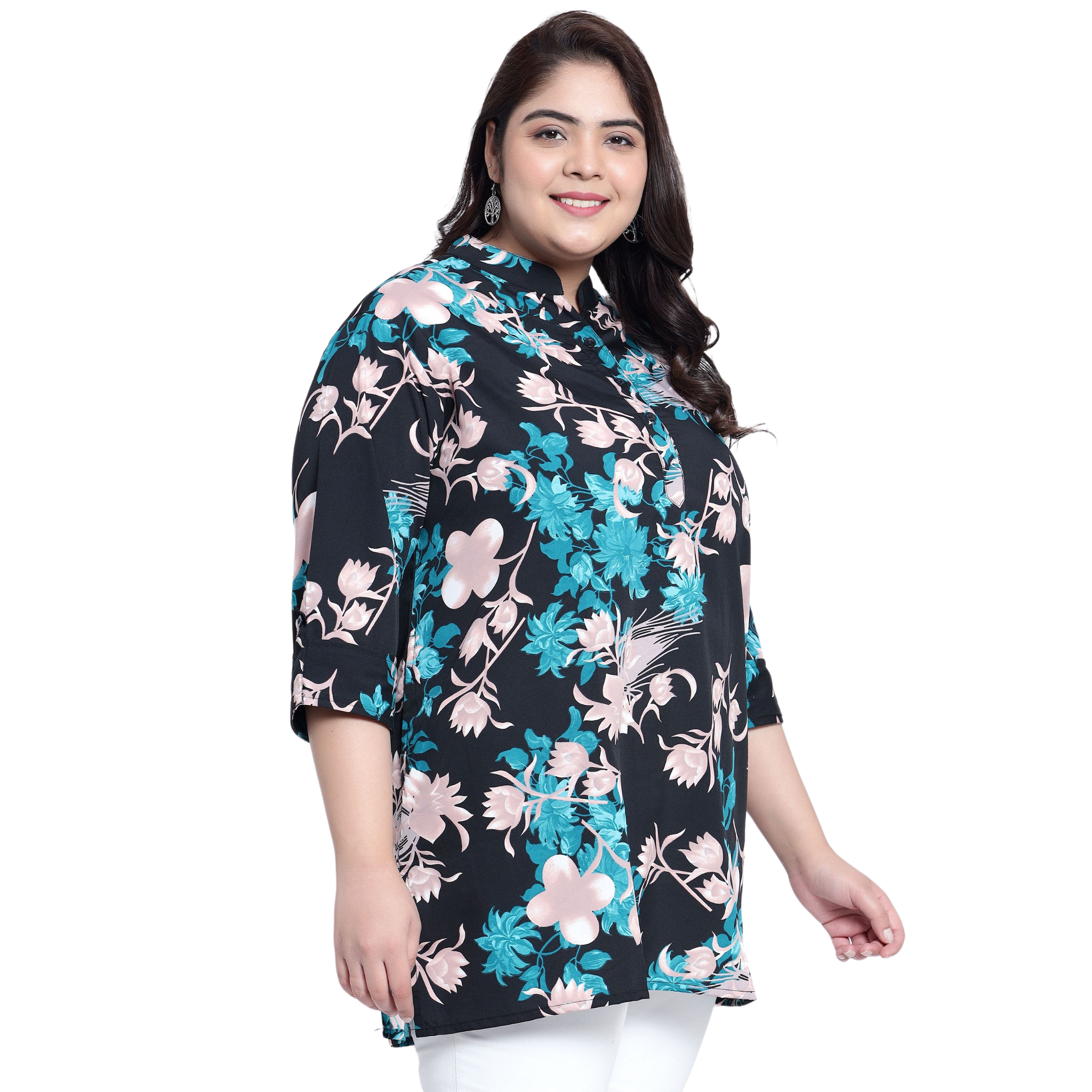 Green and Pink Floral Print Plus Size Tunic
