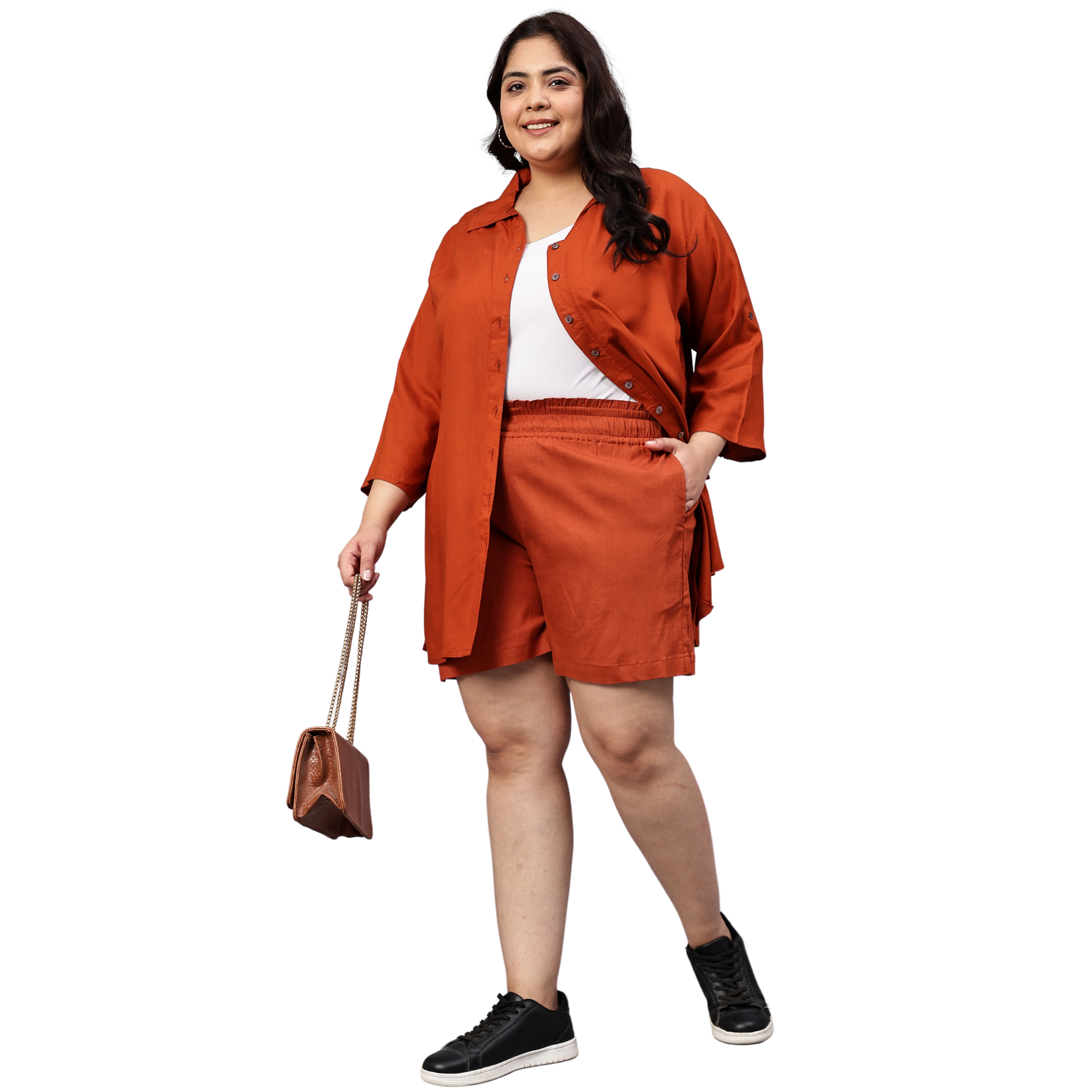 Rust Orange Solid Shirt And Short Set