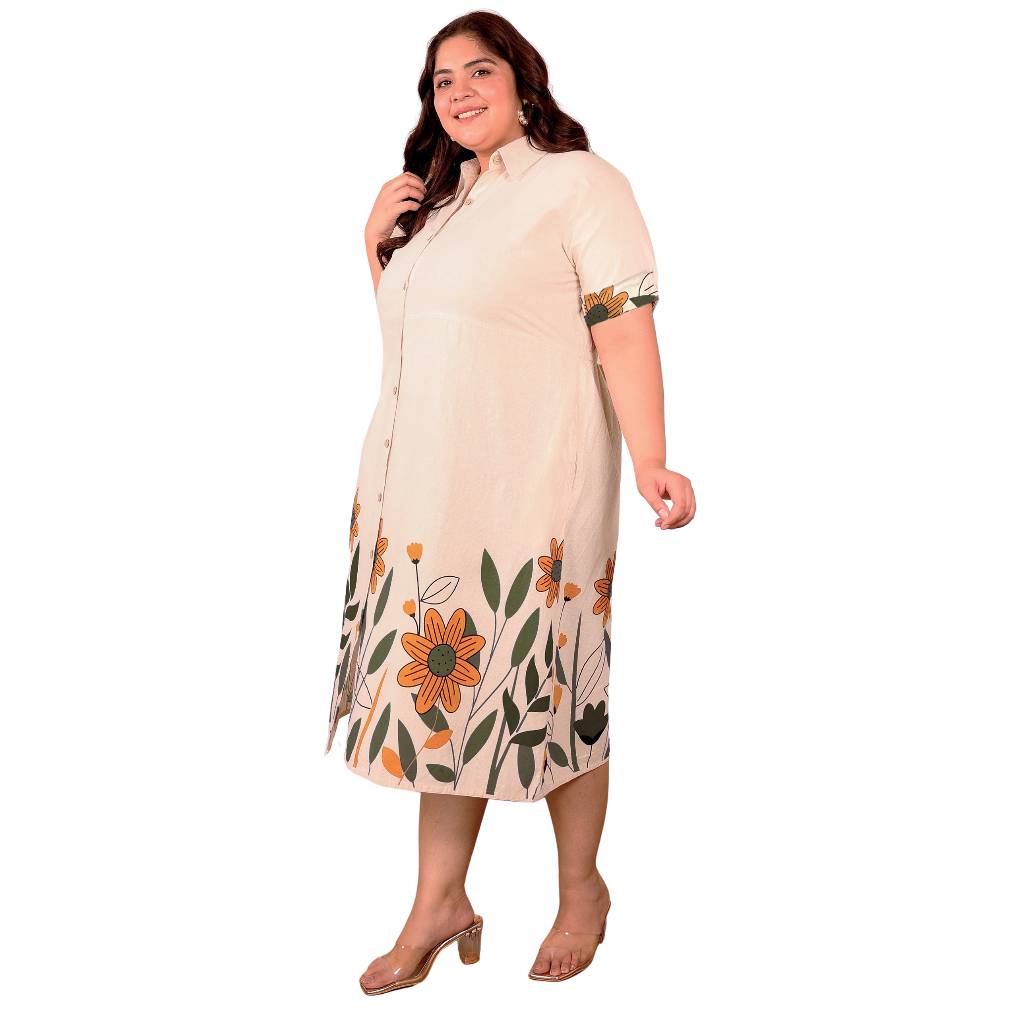 OffWhite Green Floral Cotton Midi Dress