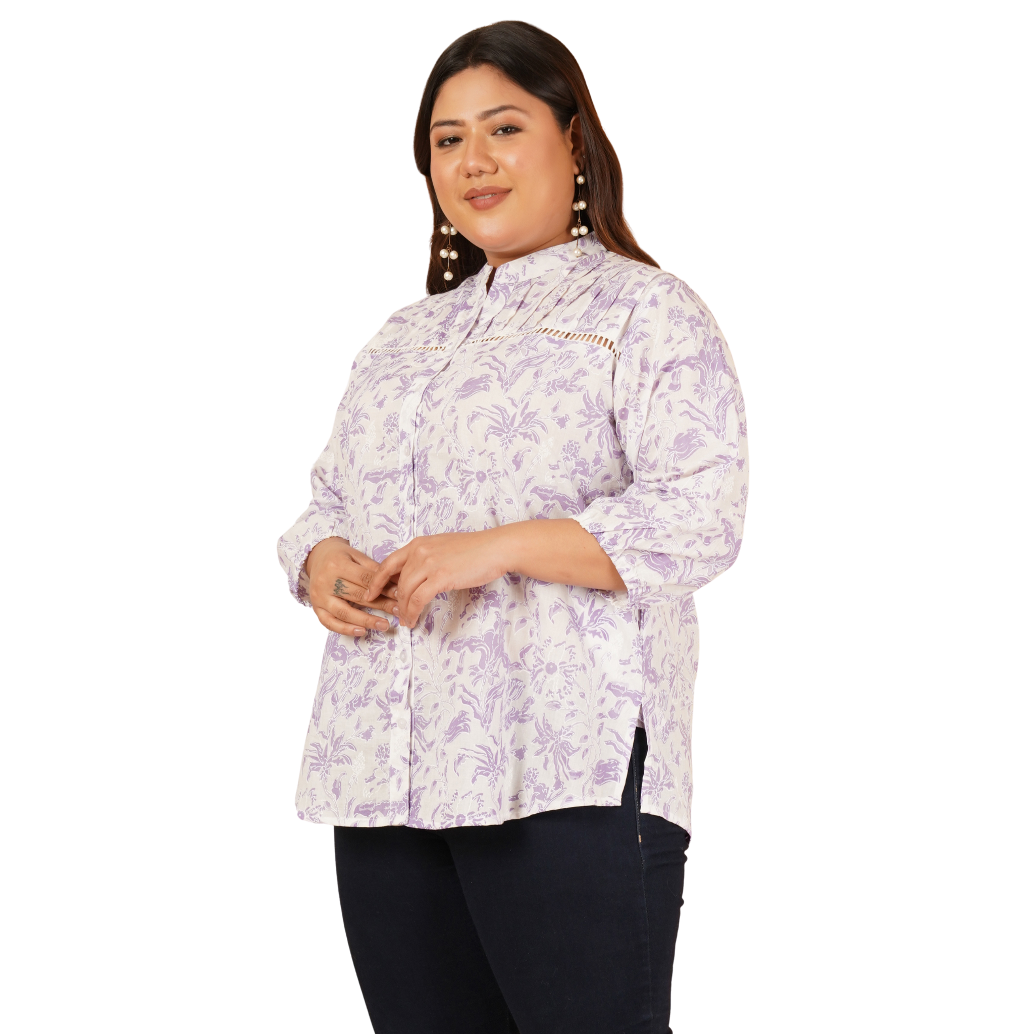 Purple Print Plus Size Lace Shirt