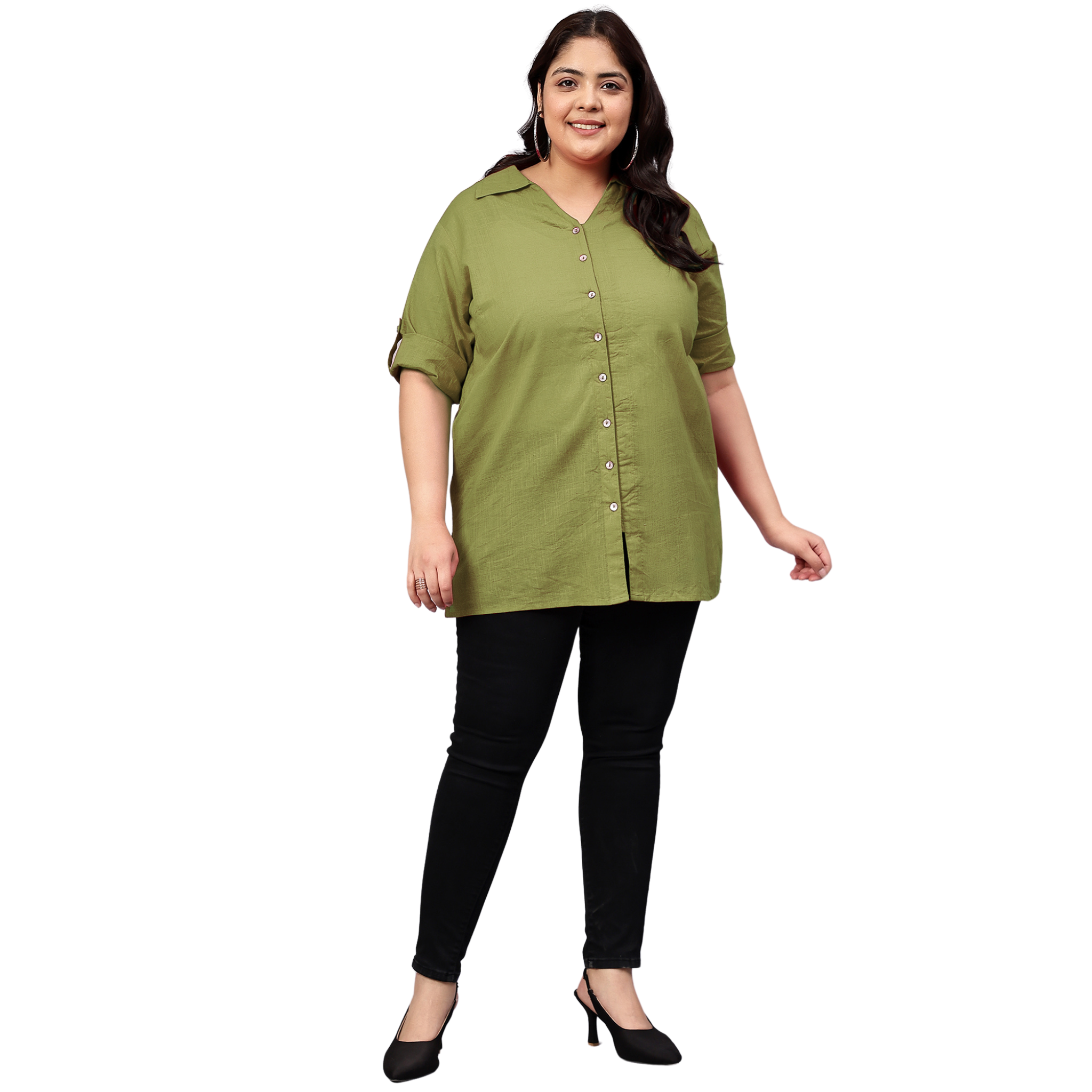 Green Cotton Longline Plus Size Shirt