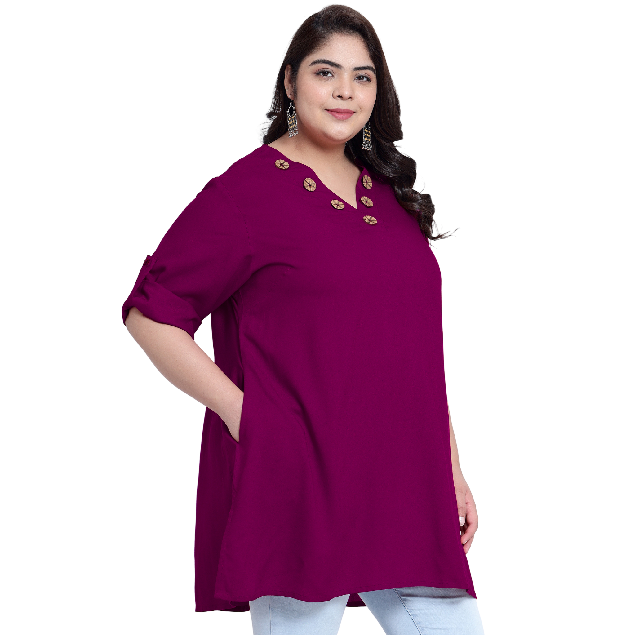 Purple Collar Button Plus Size Tunic