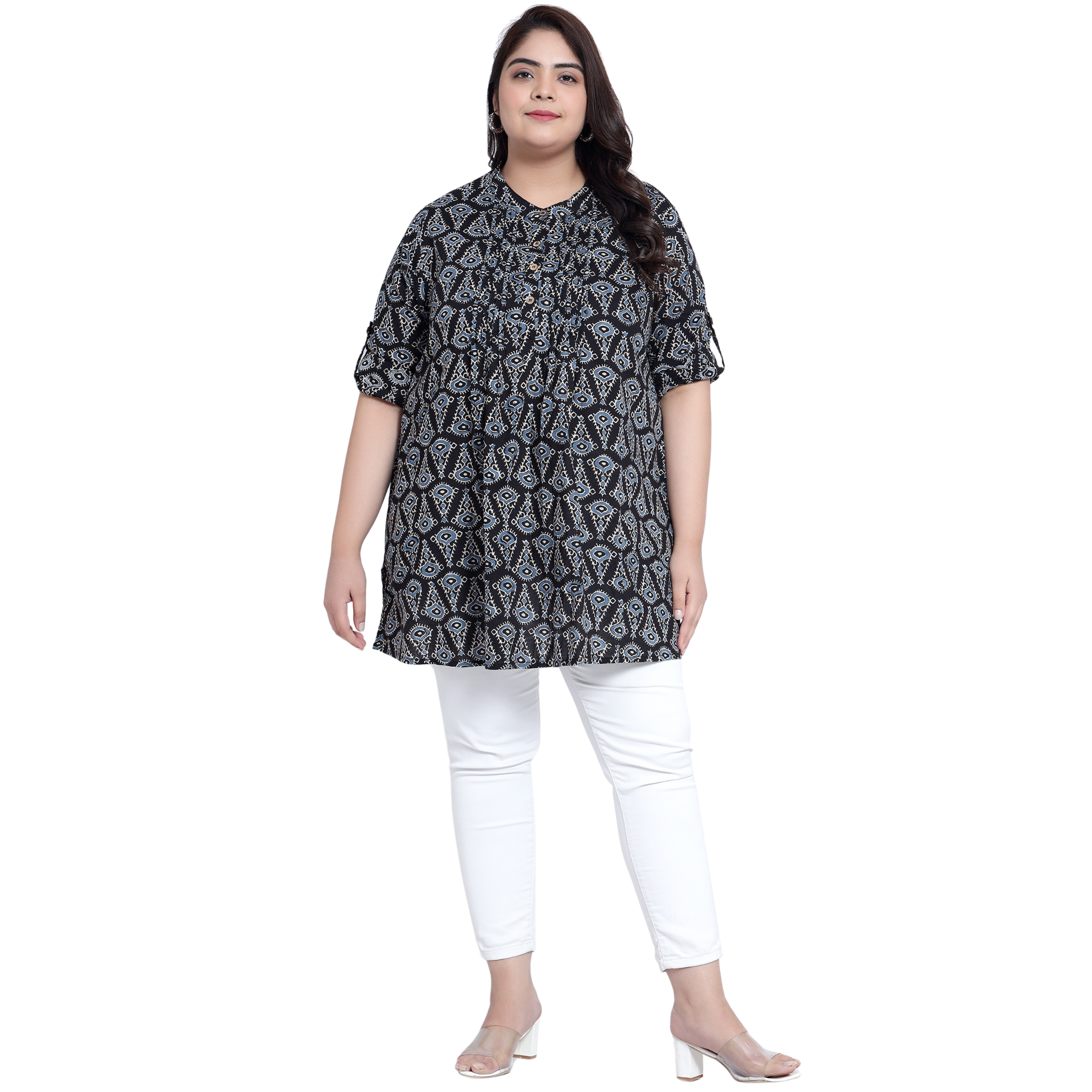 Black Geometric Print Pleat Plus Size Tunic