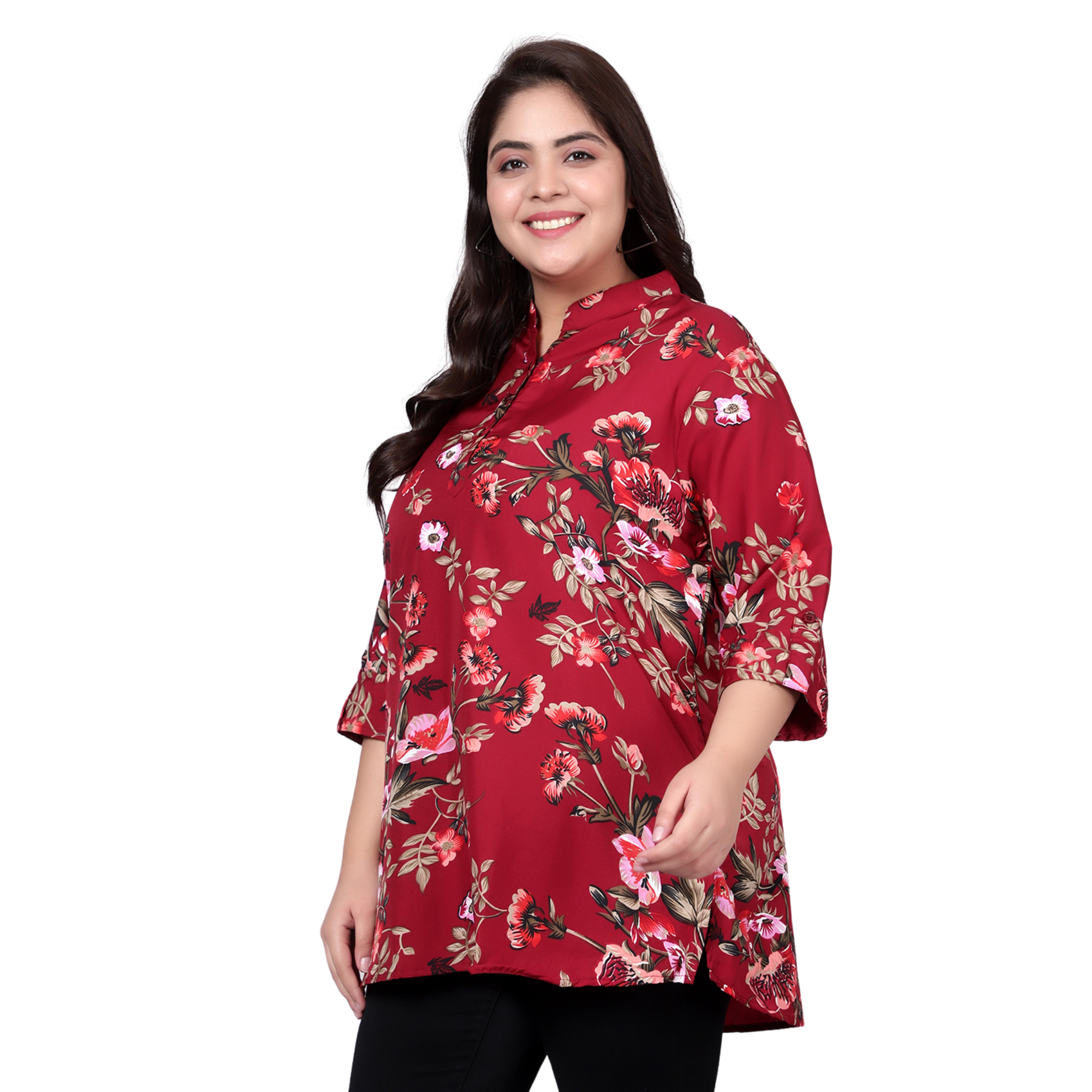 Maroon Floral Print Plus Size Tunic