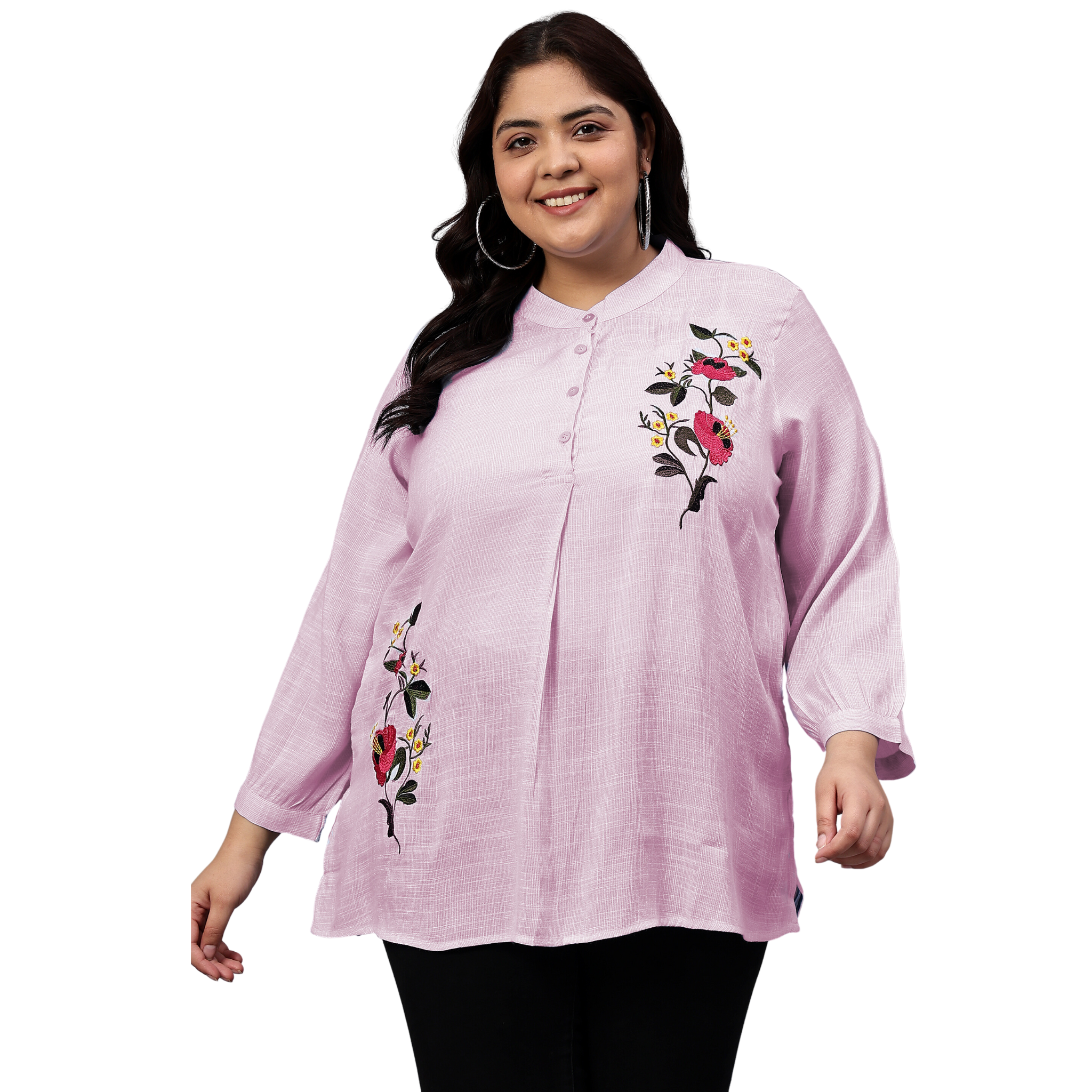 Pink Floral Embroidered Plus Size Tunic